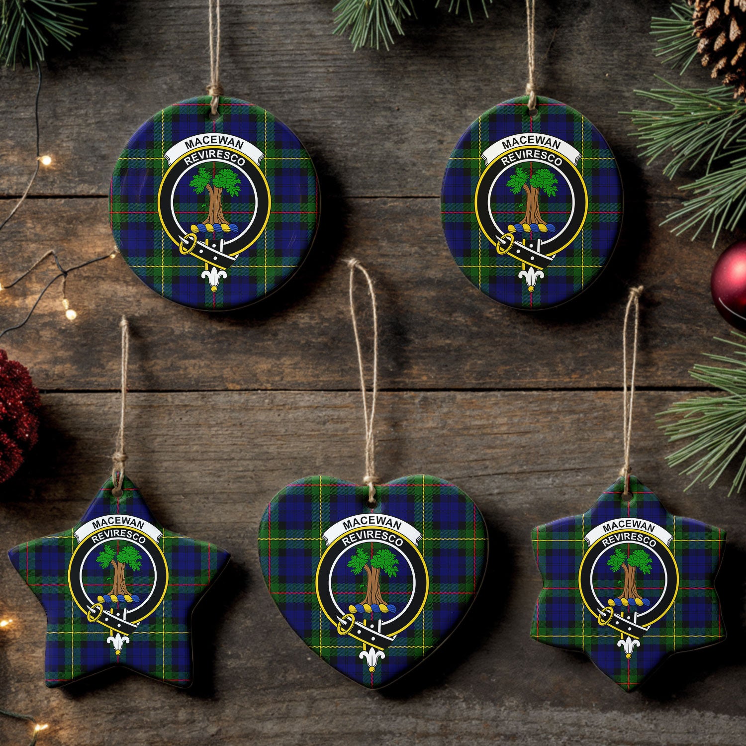MacEwan Modern Tartan Crest Christmas Ceramic Ornament