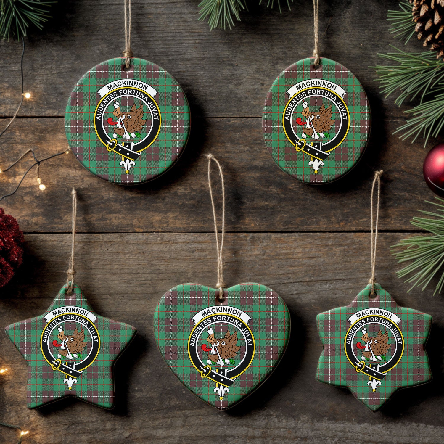 MacKinnon Hunting Ancient Tartan Crest Christmas Ceramic Ornament