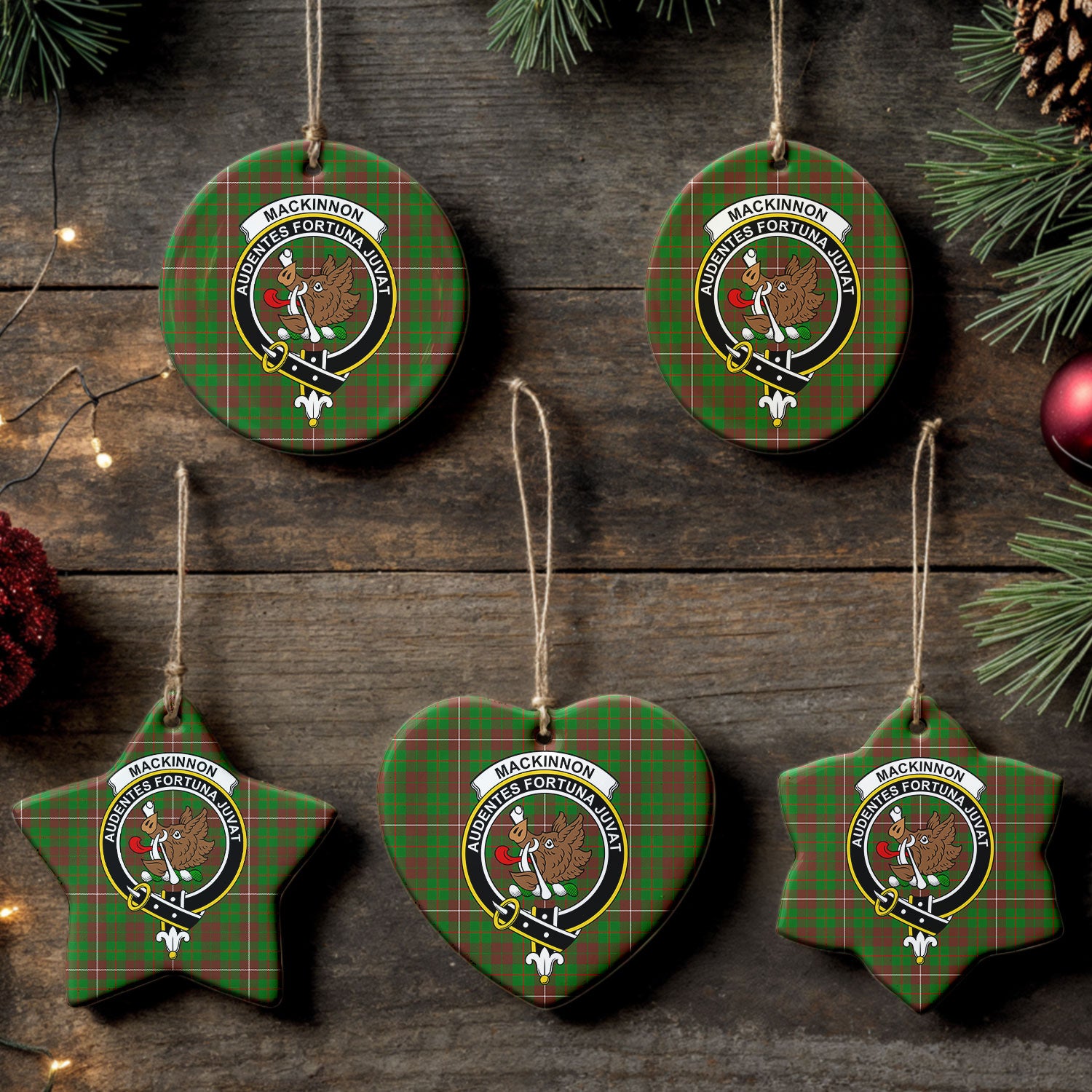 MacKinnon Hunting Modern Tartan Crest Christmas Ceramic Ornament