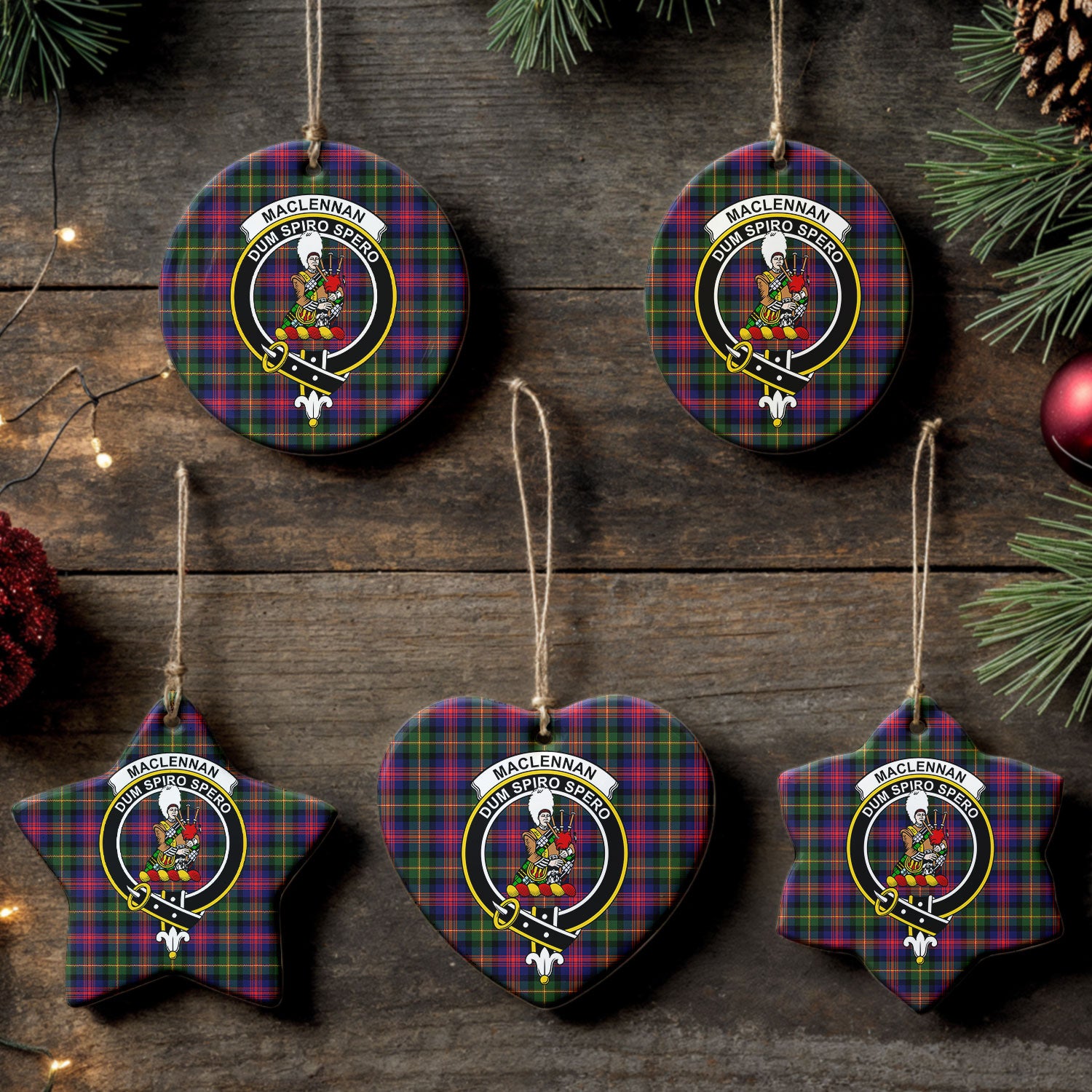 MacLennan Modern Tartan Crest Christmas Ceramic Ornament