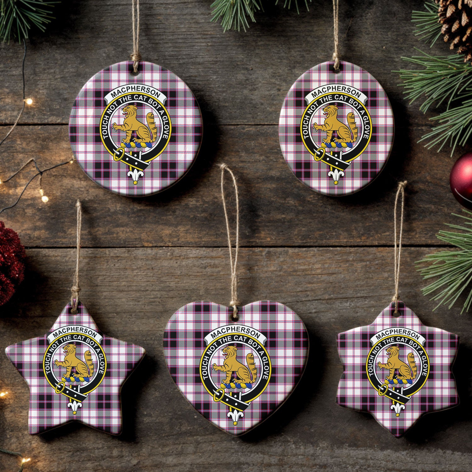 MacPherson Hunting Modern Tartan Crest Christmas Ceramic Ornament