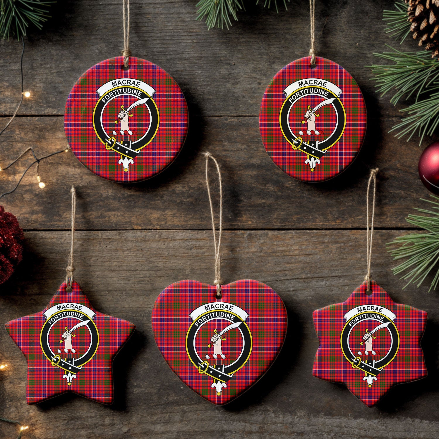 MacRae Modern Tartan Crest Christmas Ceramic Ornament