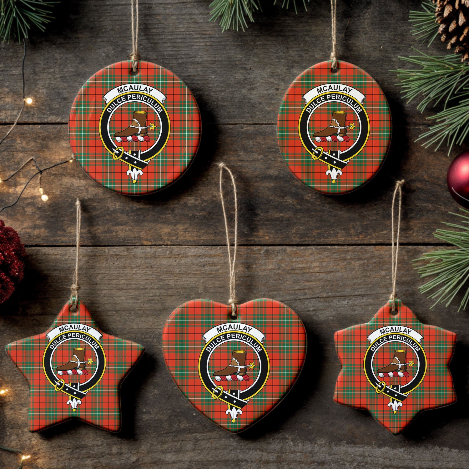 McAulay Ancient Tartan Crest Christmas Ceramic Ornament