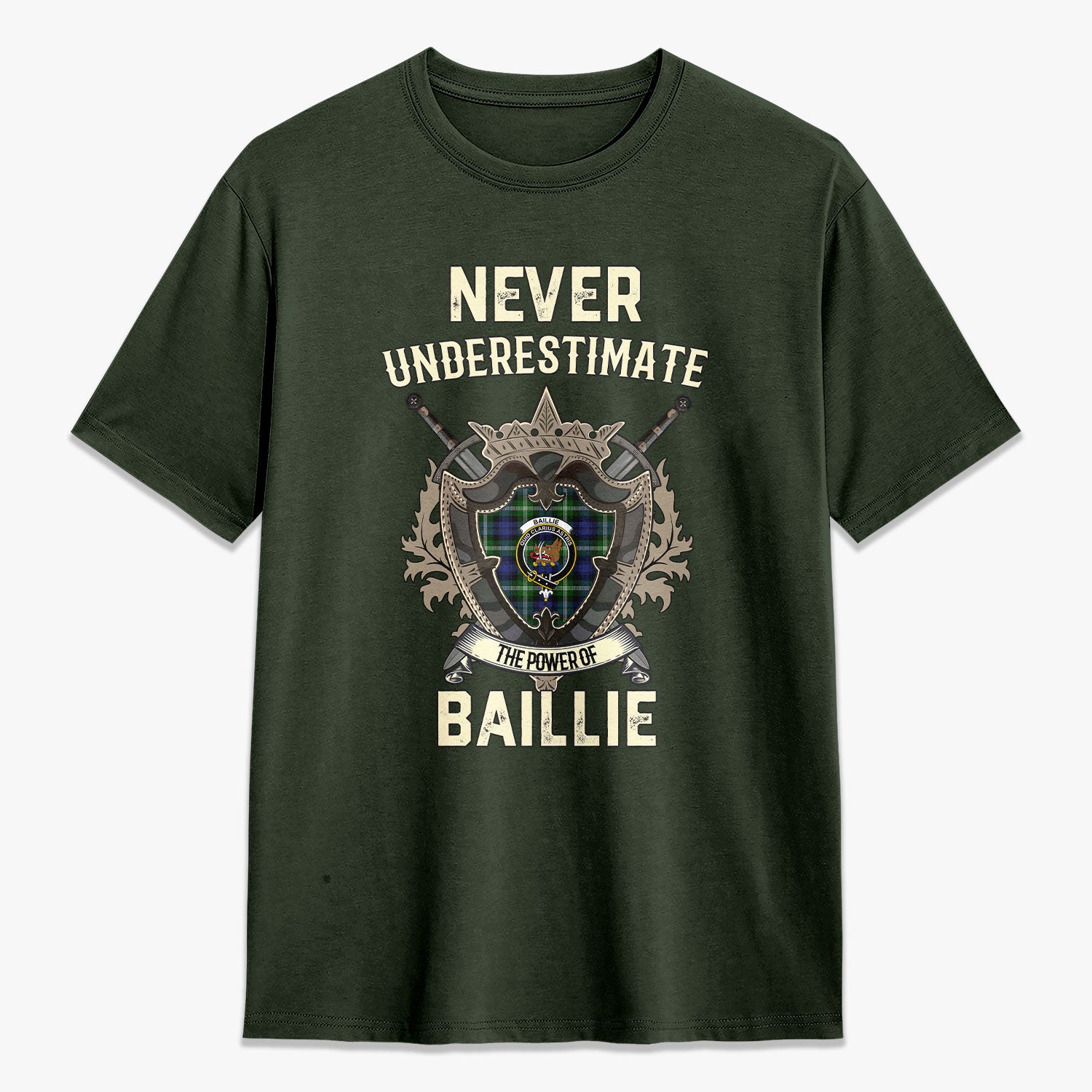 Baillie Modern Tartan Crest 2D T-shirt - Never Underestimate Style