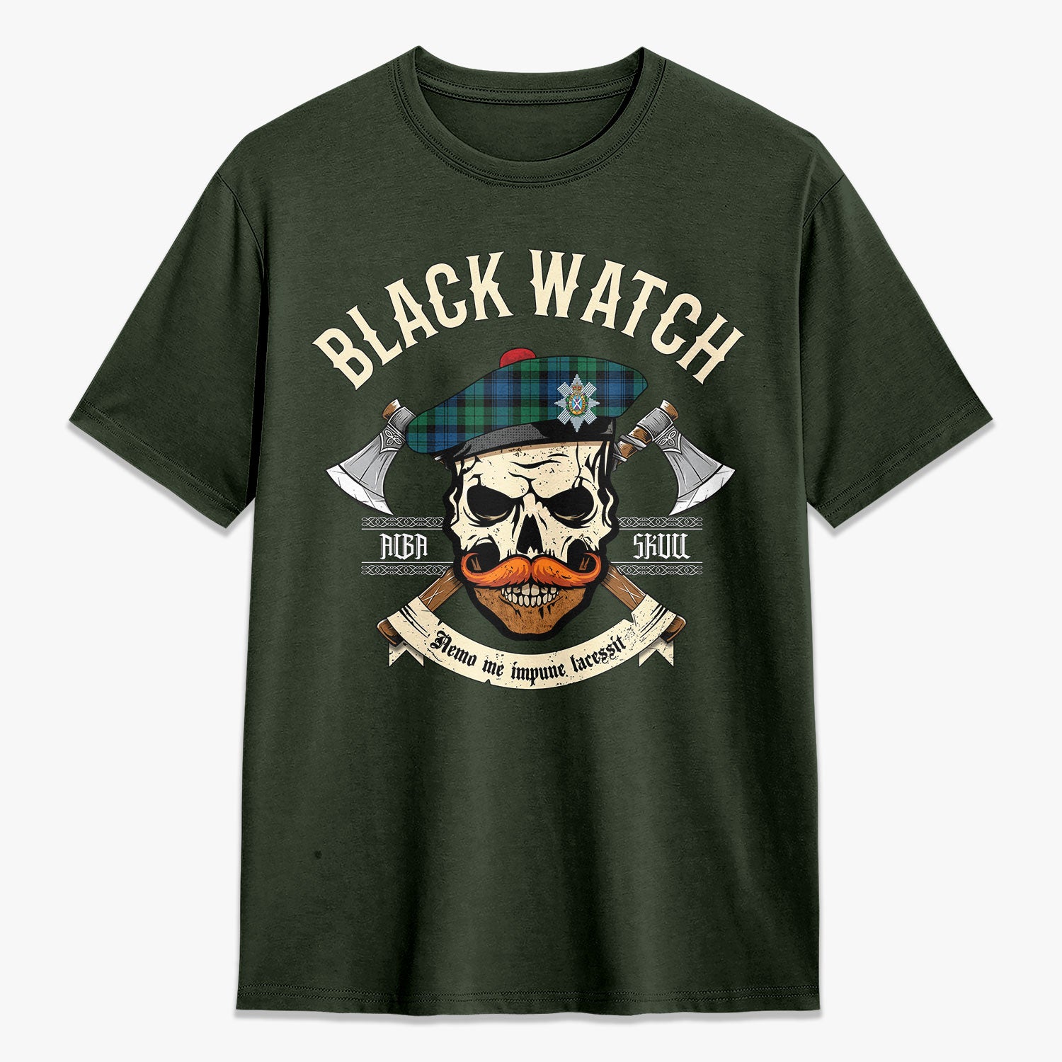 Black Watch Ancient Tartan Crest 2D T-shirt - Alba Skull Style