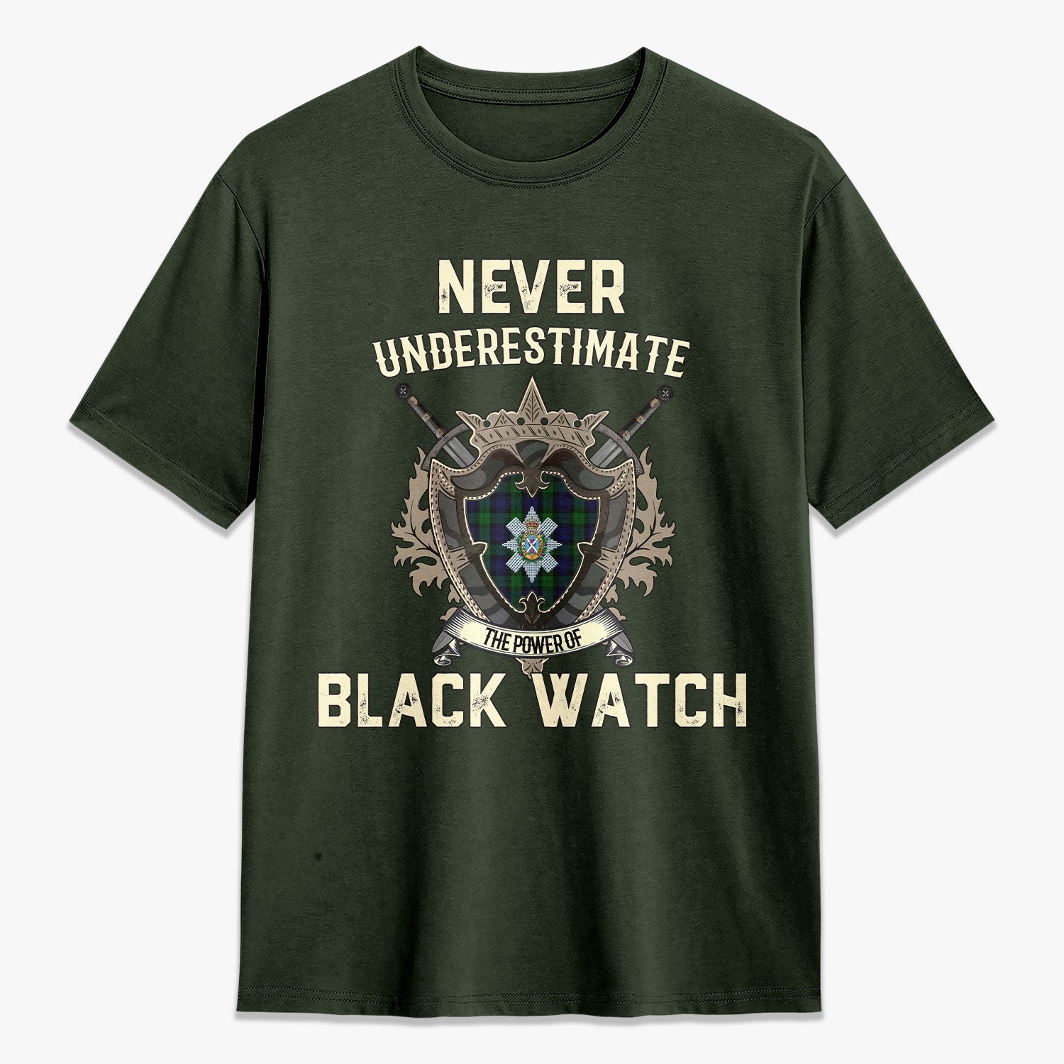 Black Watch Tartan Crest 2D T-shirt - Never Underestimate Style