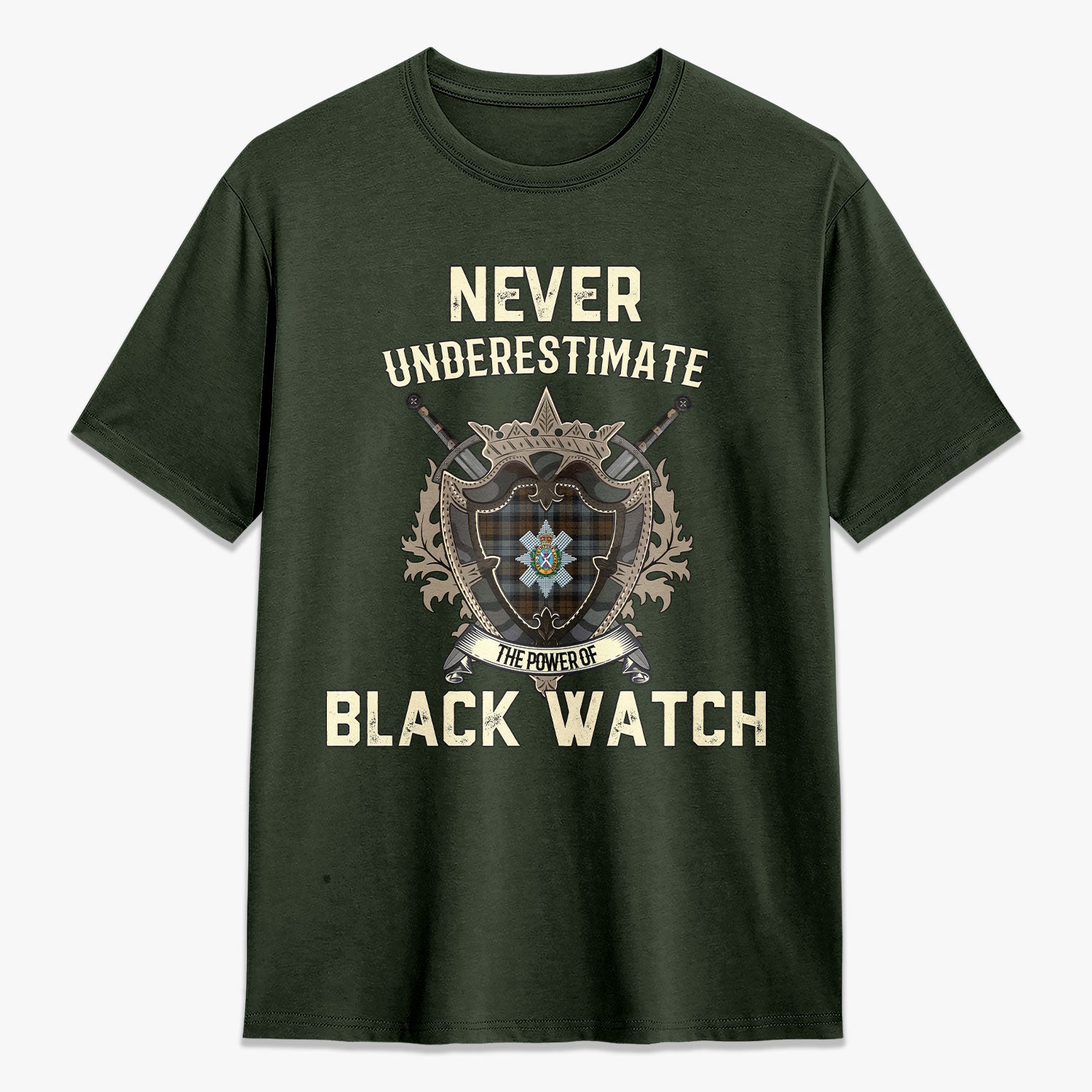 Black Watch Weathered Tartan Crest 2D T-shirt - Never Underestimate Style