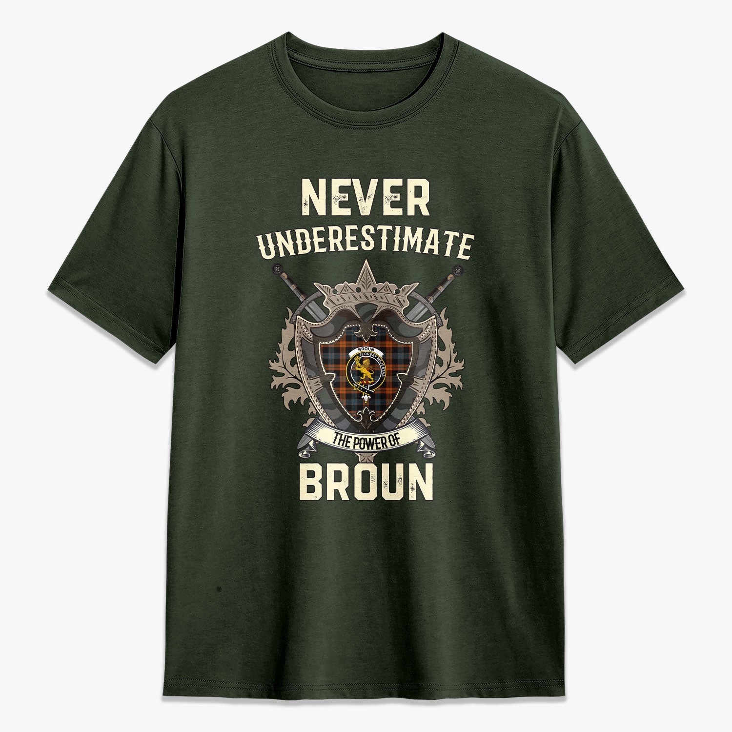 Broun Ancient Tartan Crest 2D T-shirt - Never Underestimate Style