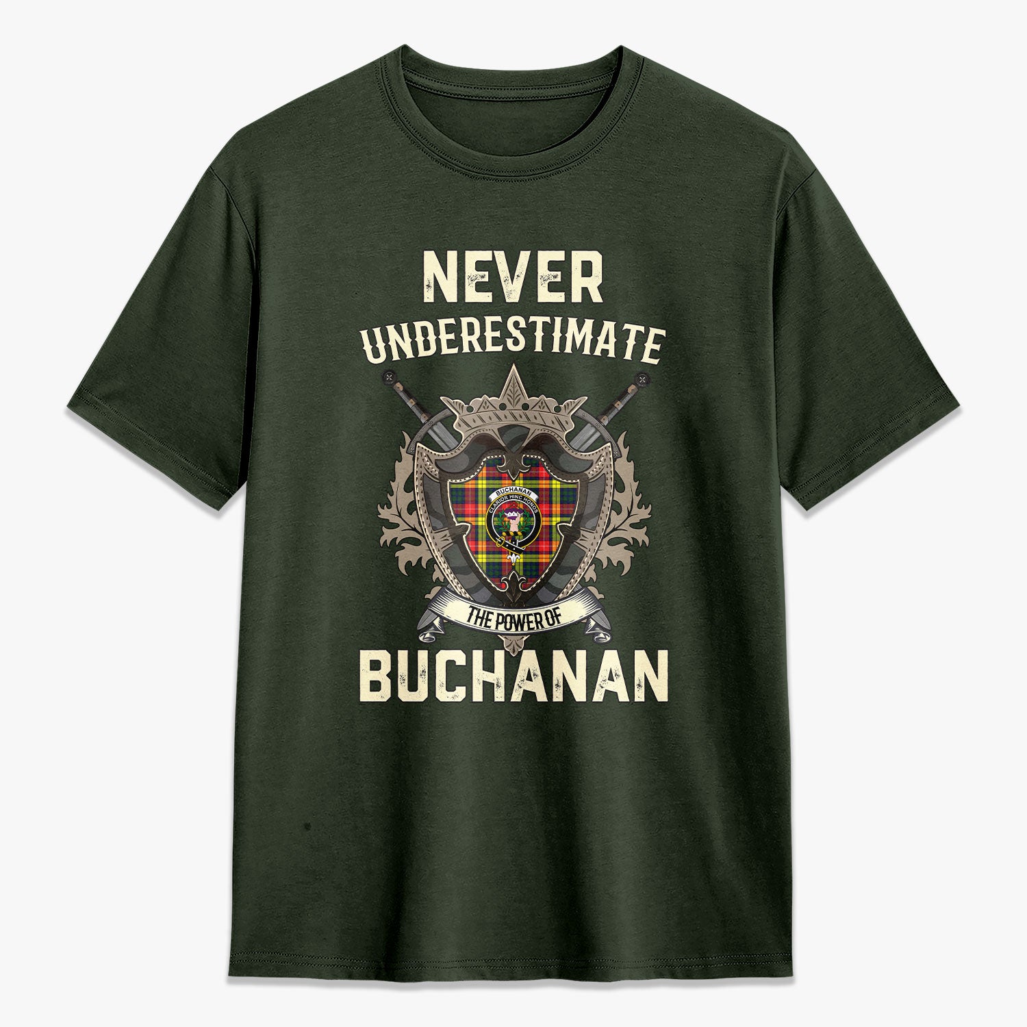 Buchanan Modern Tartan Crest 2D T-shirt - Never Underestimate Style