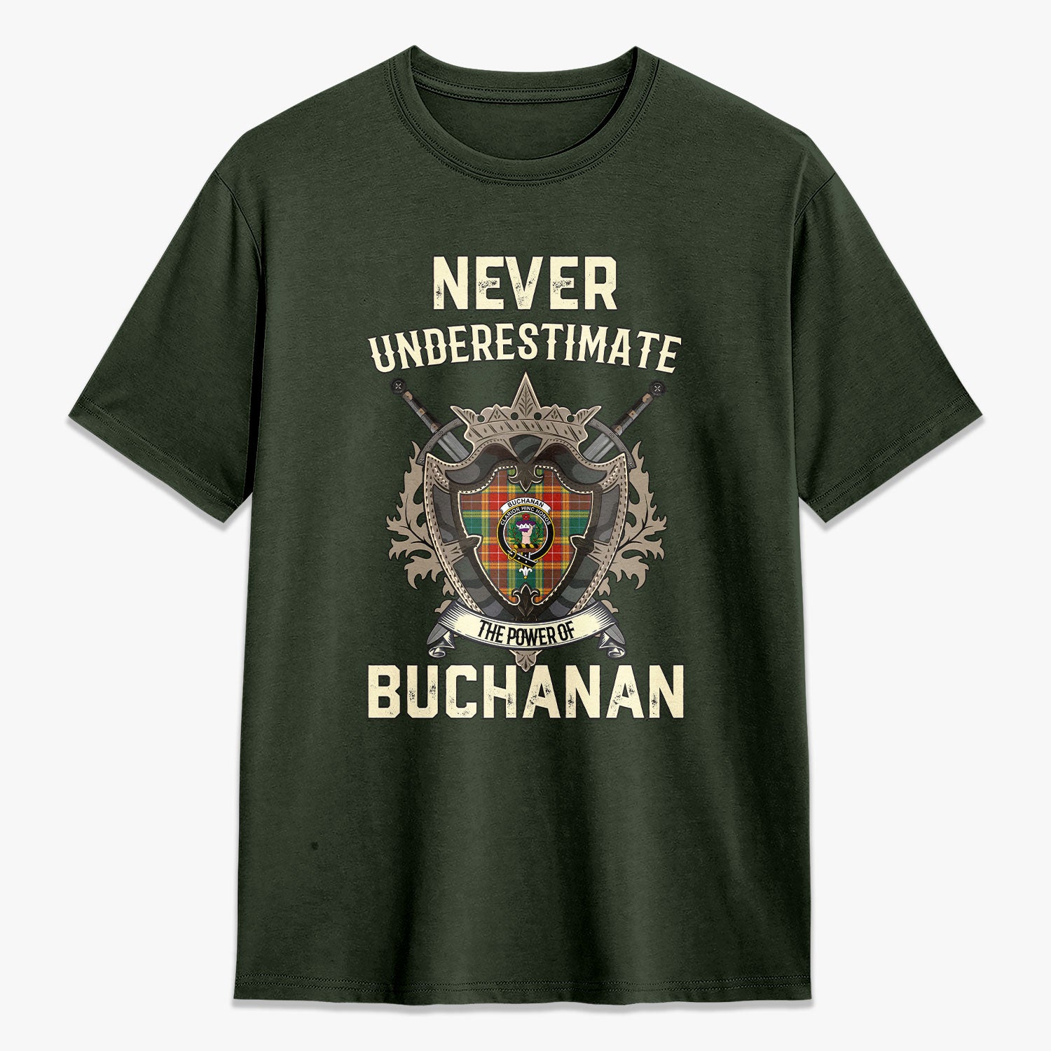 Buchanan Old Sett Tartan Crest 2D T-shirt - Never Underestimate Style