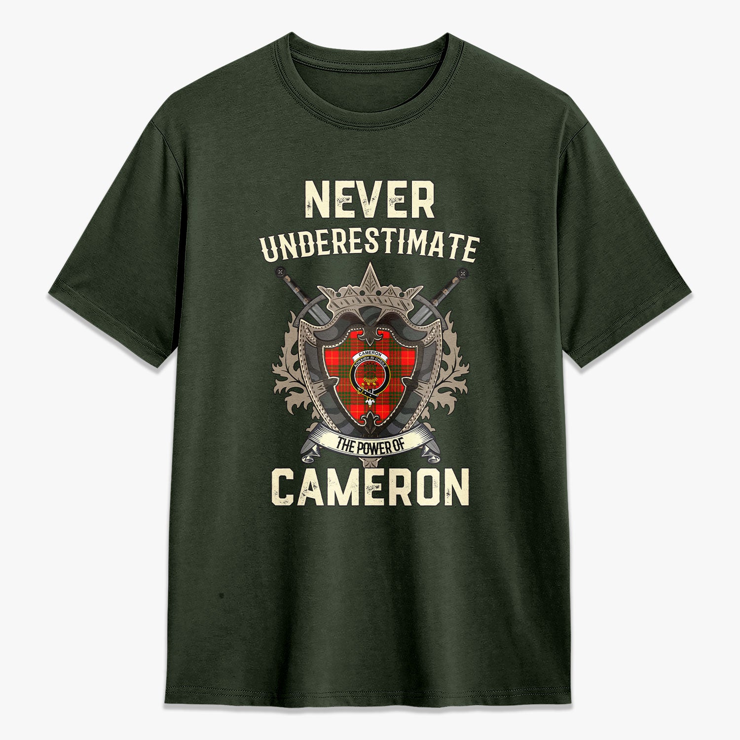 Cameron Modern Tartan Crest 2D T-shirt - Never Underestimate Style