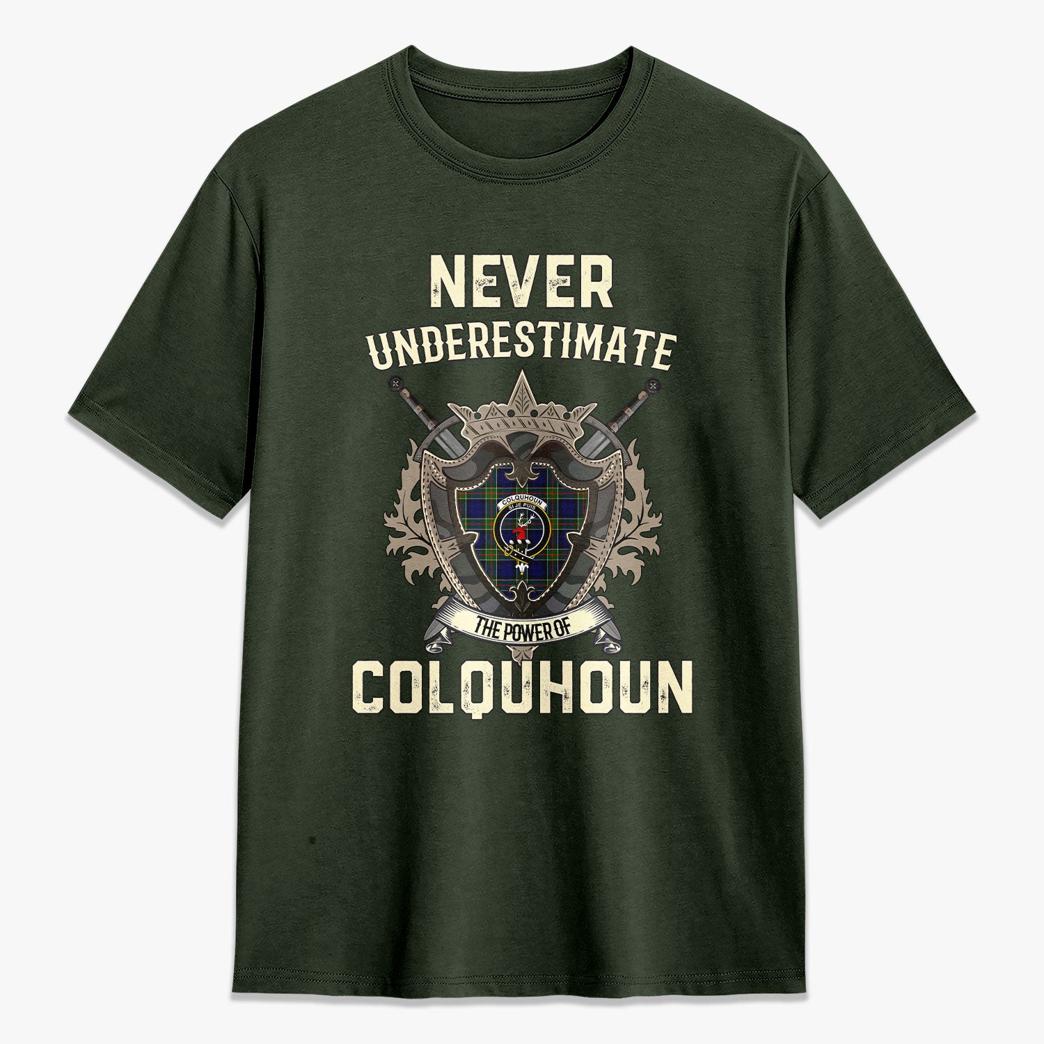 Colquhoun Modern Tartan Crest 2D T-shirt - Never Underestimate Style