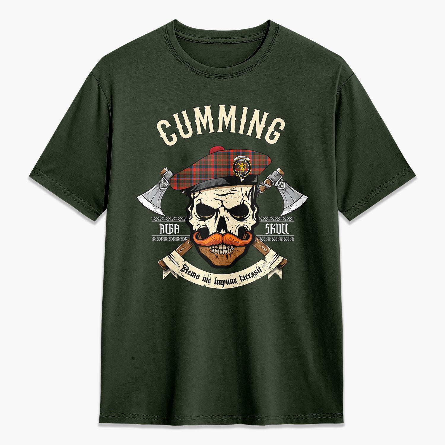 Cumming Hunting Weathered Tartan Crest 2D T-shirt - Alba Skull Style