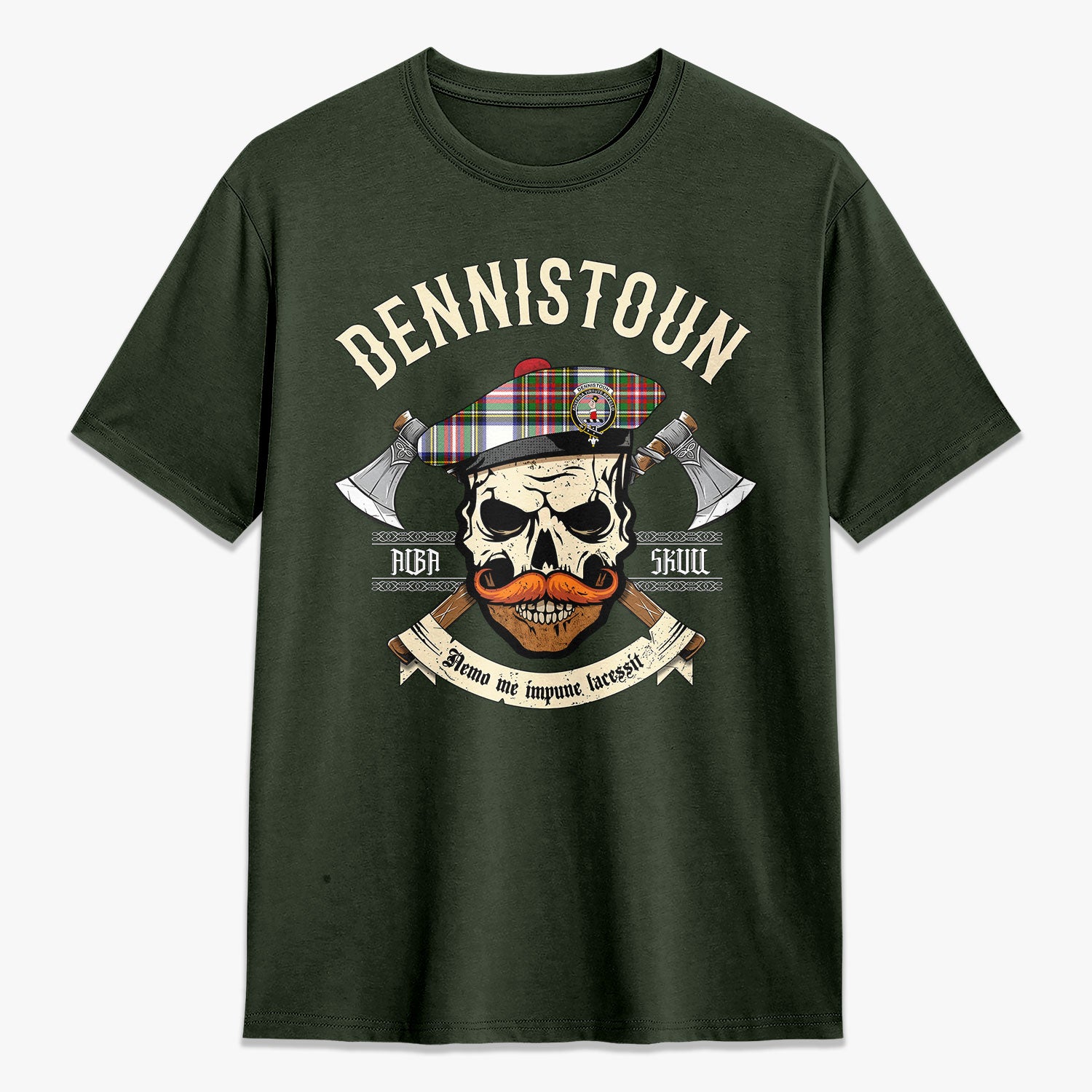 Dennistoun Tartan Crest 2D T-shirt - Alba Skull Style