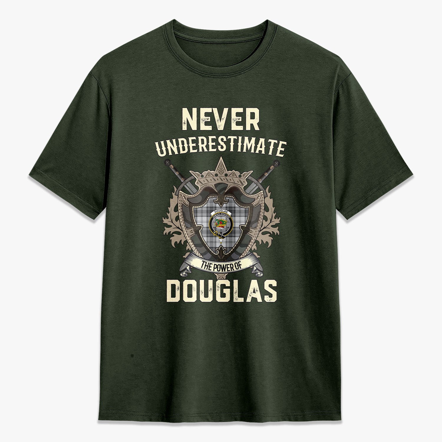 Douglas Grey Modern Tartan Crest 2D T-shirt - Never Underestimate Style