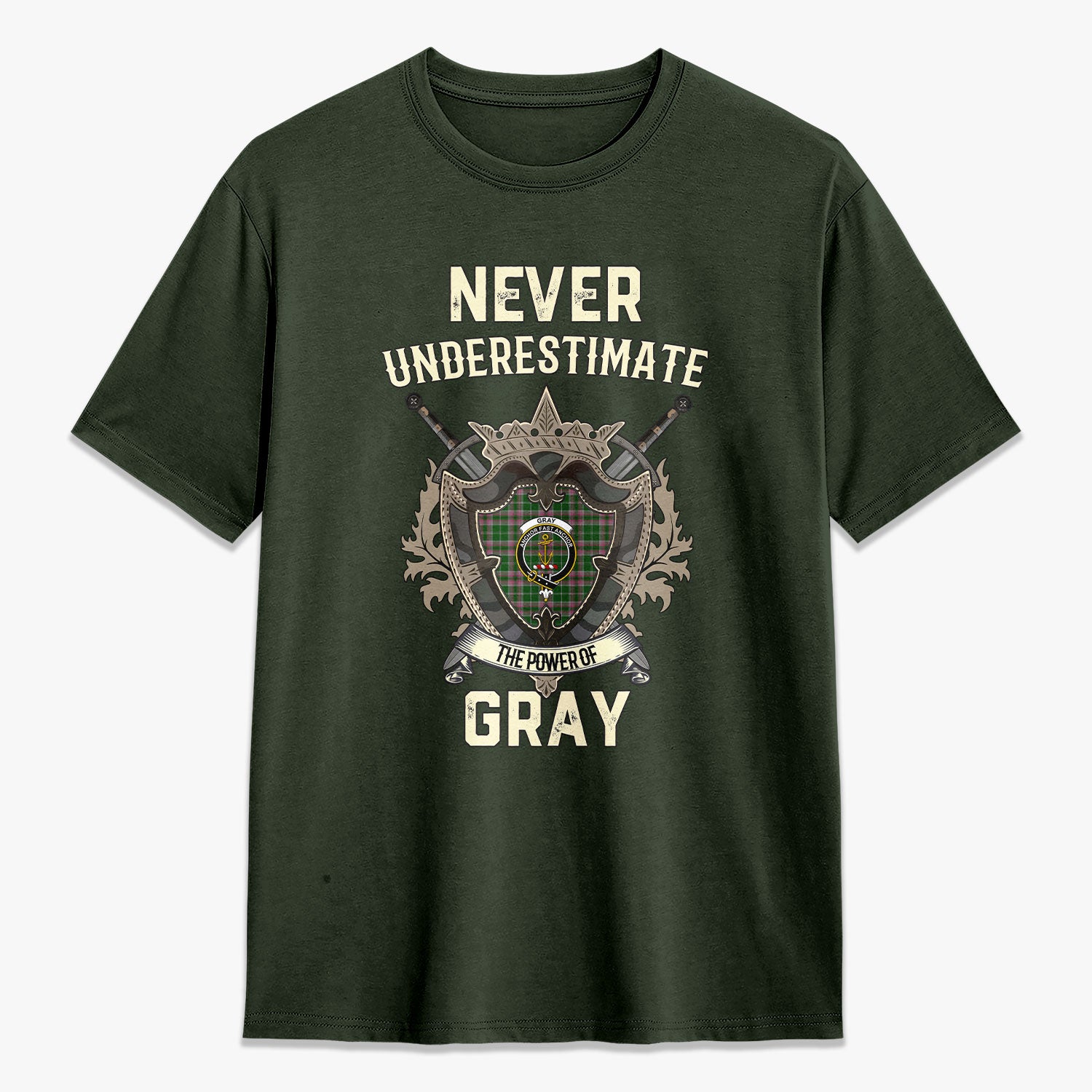 Gray Hunting Tartan Crest 2D T-shirt - Never Underestimate Style