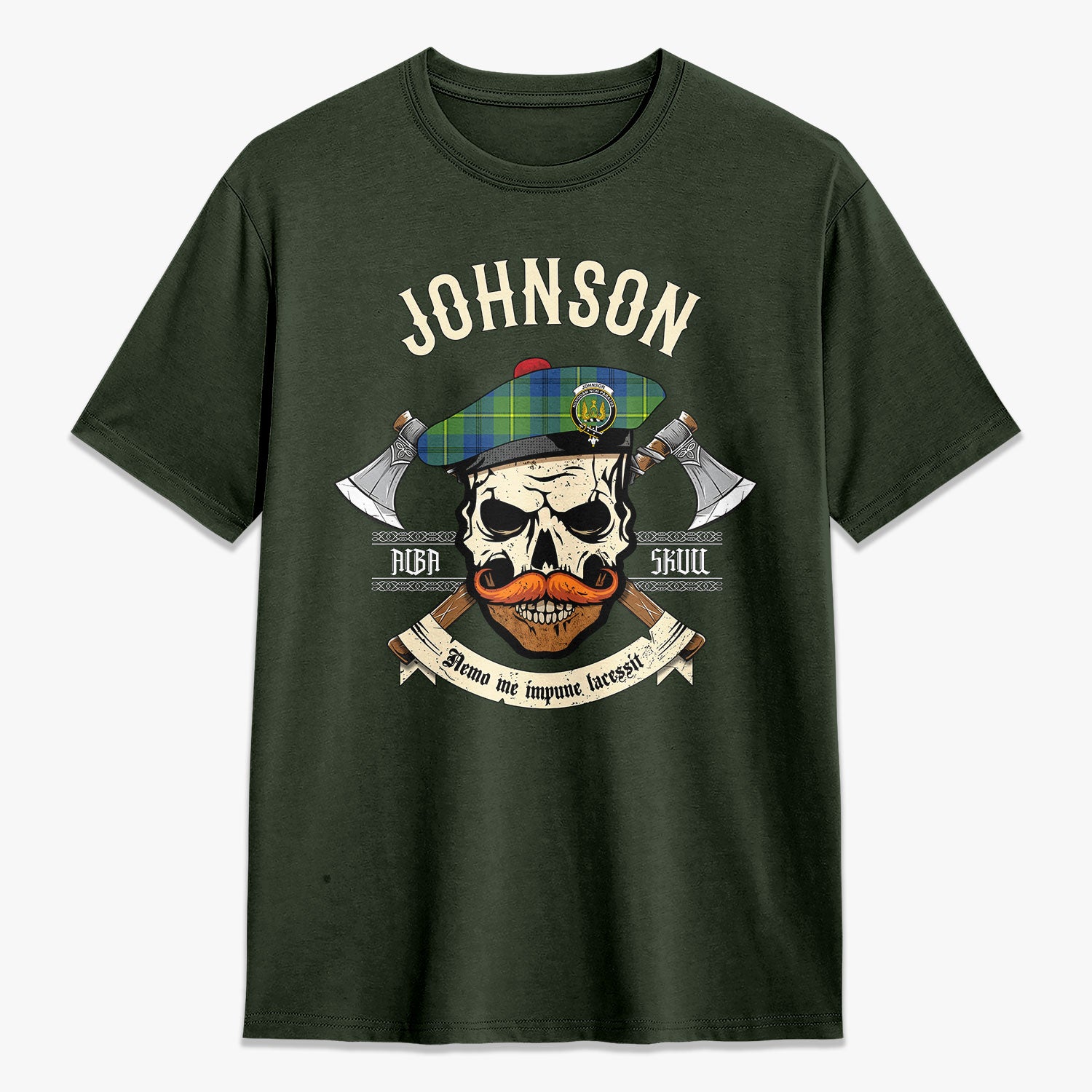 Johnson Ancient Tartan Crest 2D T-shirt - Alba Skull Style