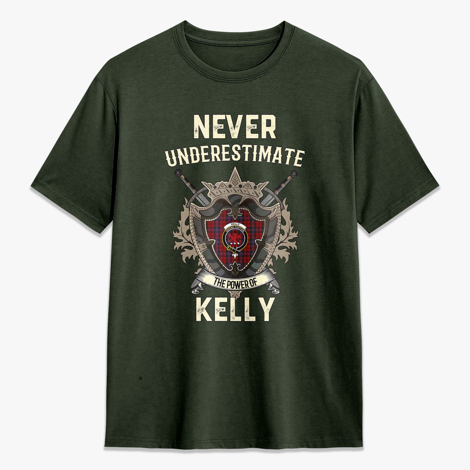Kelly of Sleat Red Tartan Crest 2D T-shirt - Never Underestimate Style