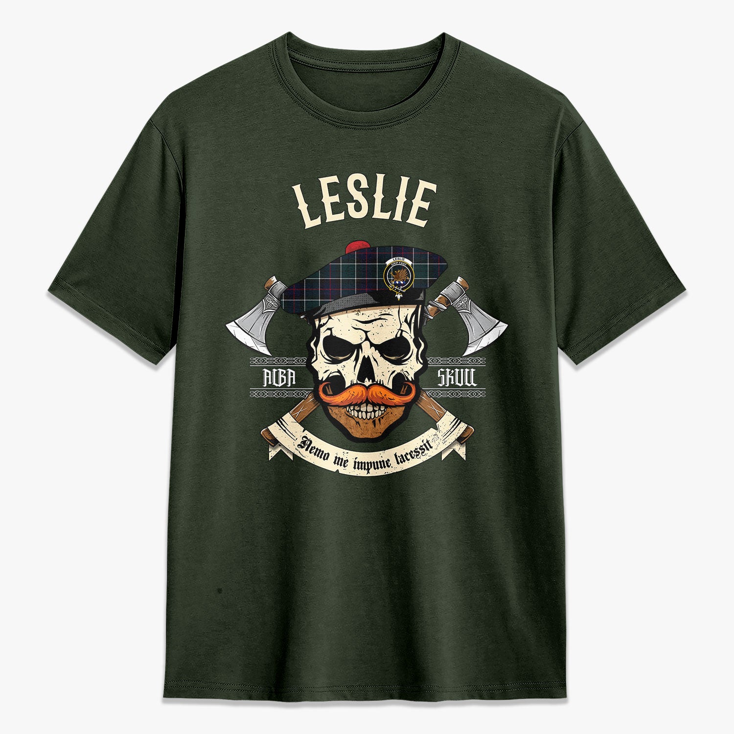 Leslie Hunting Modern Tartan Crest 2D T-shirt - Alba Skull Style