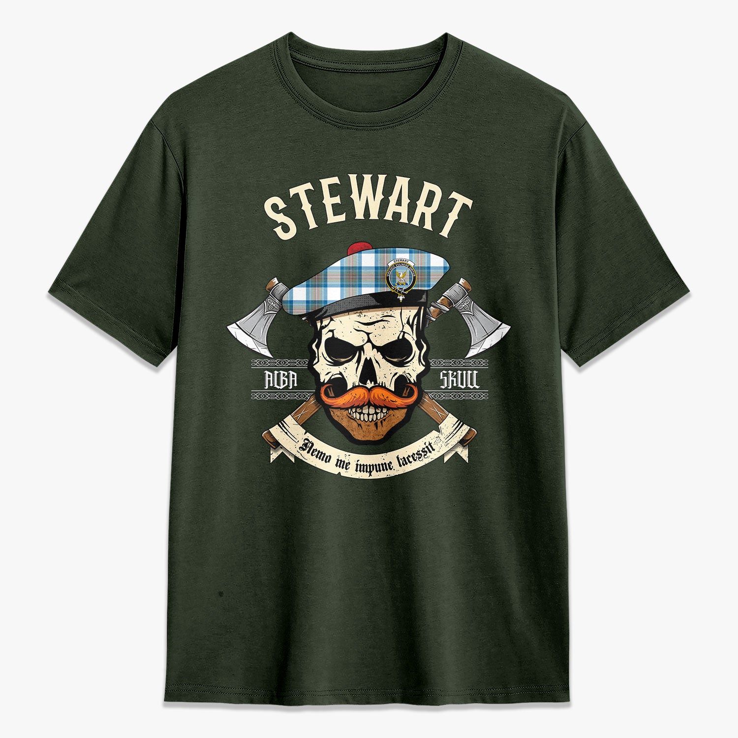 Stewart Muted Blue Tartan Crest 2D T-shirt - Alba Skull Style