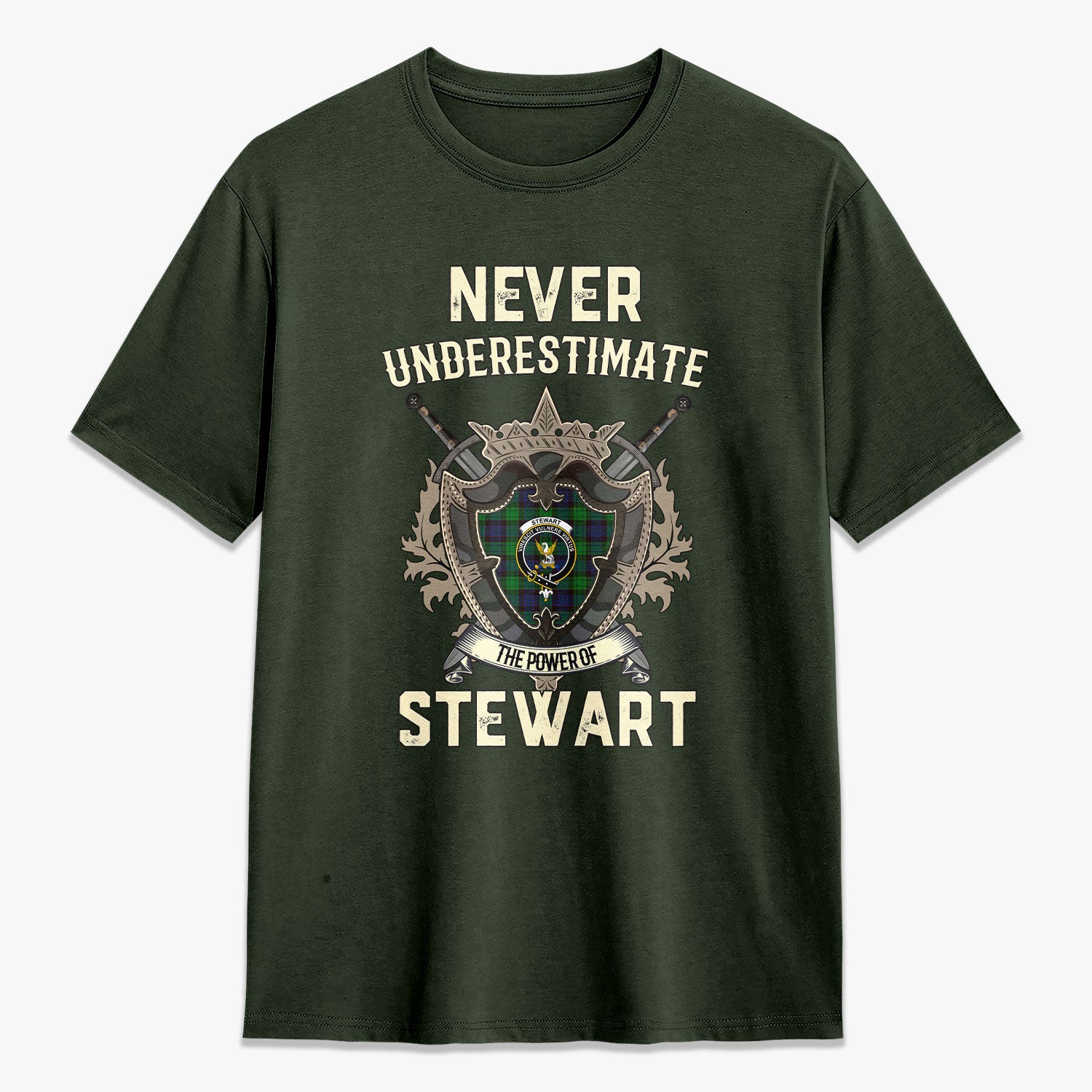 Stewart Old Modern Tartan Crest 2D T-shirt - Never Underestimate Style