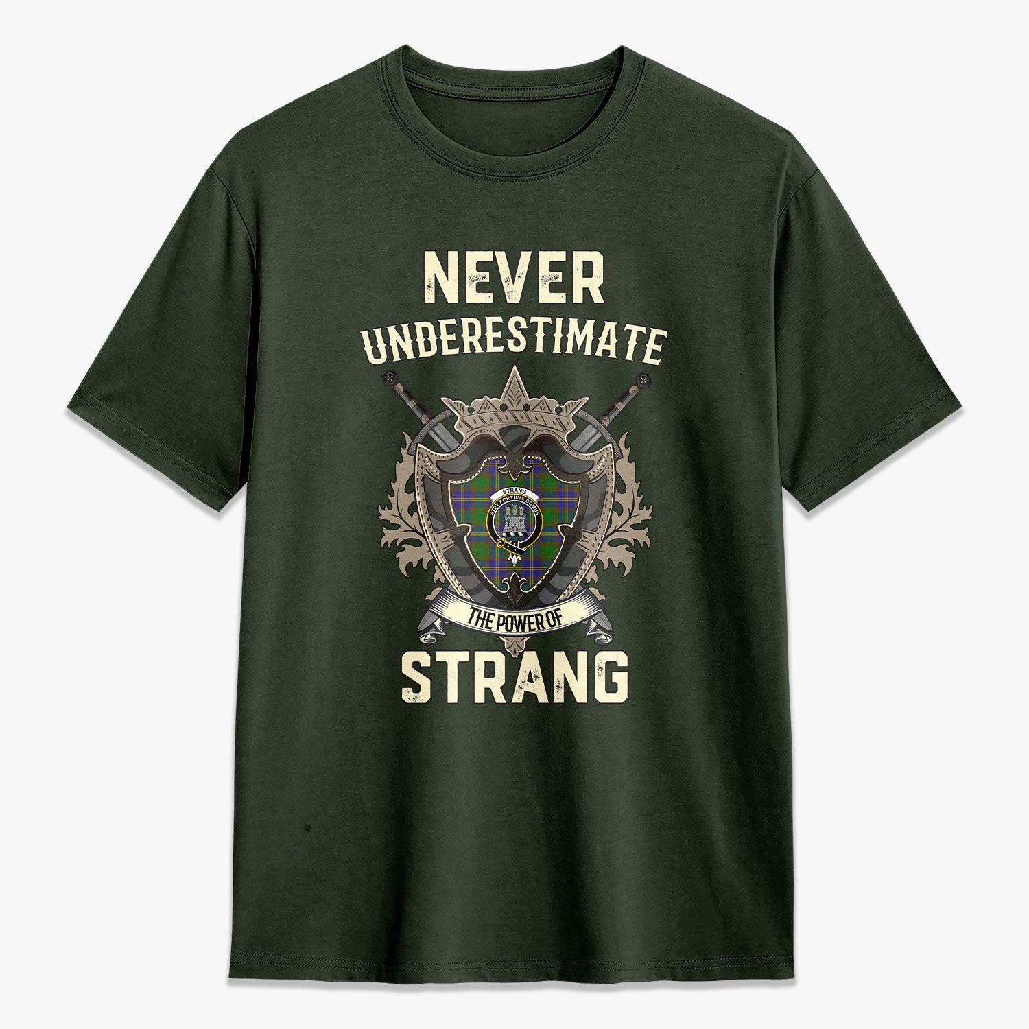 Strang (or Strange) Tartan Crest 2D T-shirt - Never Underestimate Style
