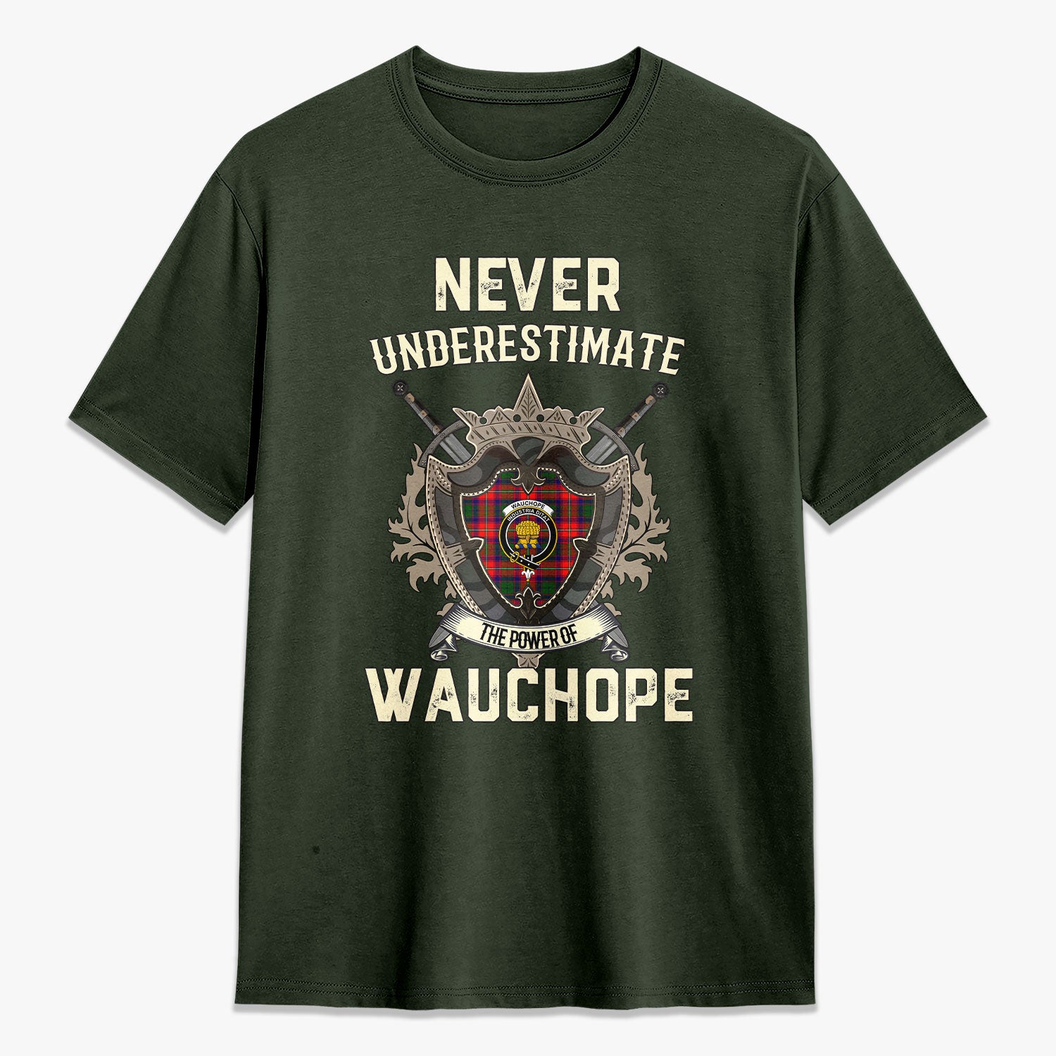 Wauchope (or Waugh) Tartan Crest 2D T-shirt - Never Underestimate Style