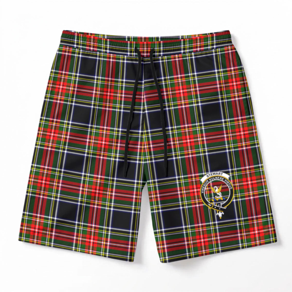 Stewart Black Tartan Crest Men's Beach Shorts
