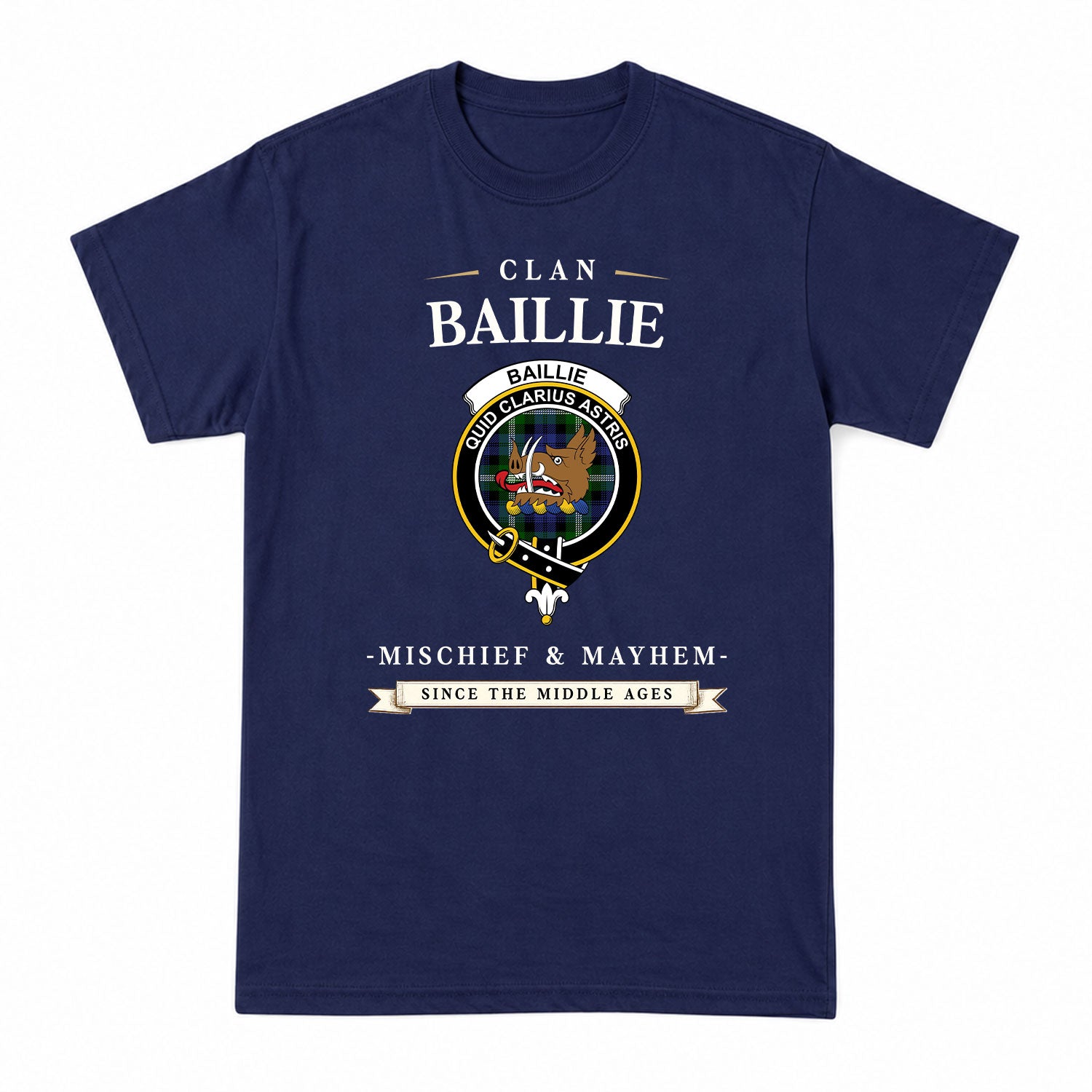 Baillie Modern Tartan Crest Mischief and Mayhem T-shirt