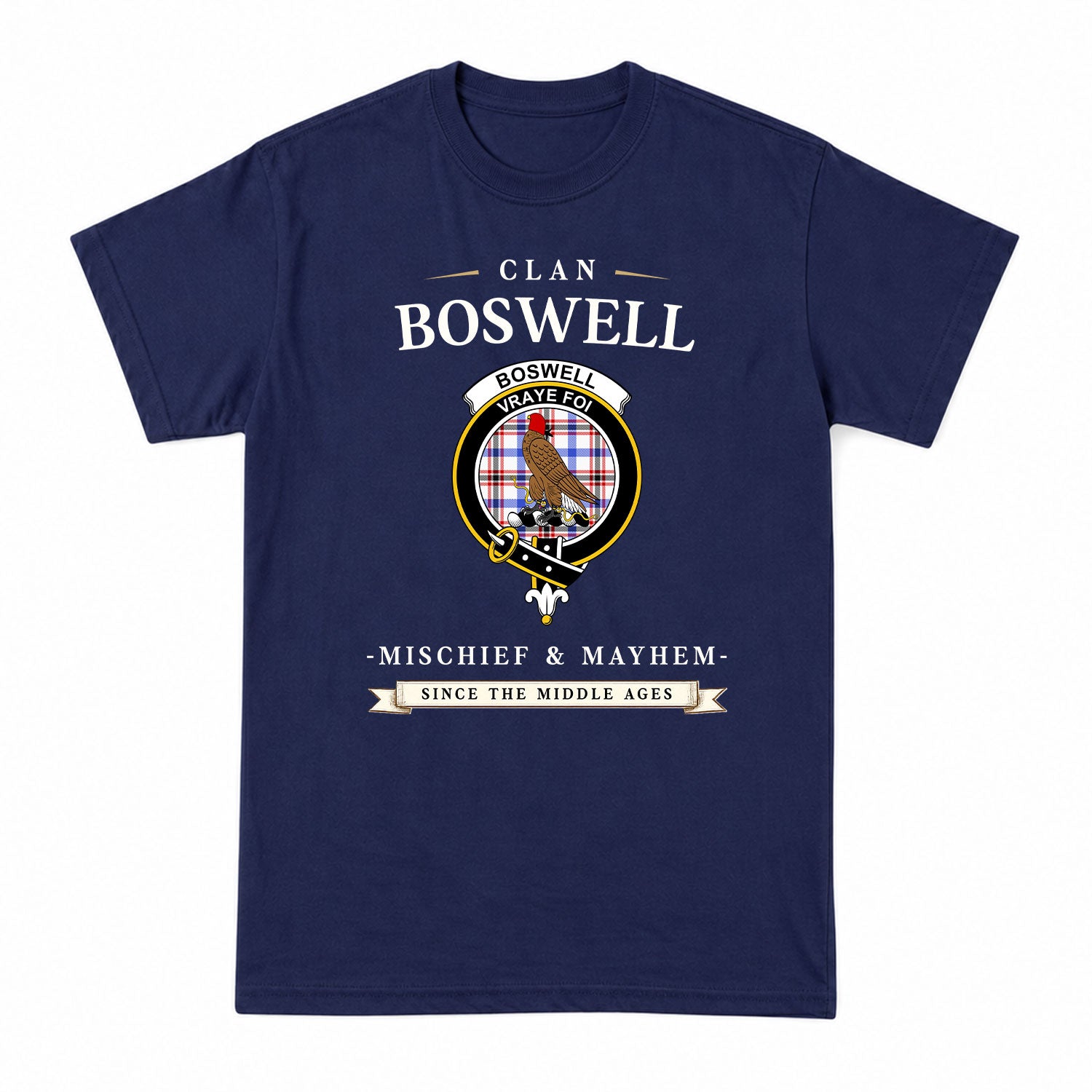 Boswell Modern Tartan Crest Mischief and Mayhem T-shirt