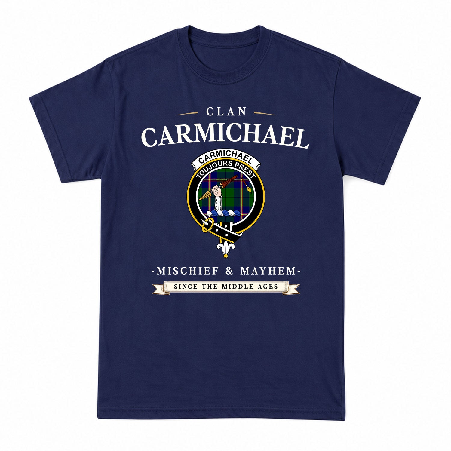 Carmichael Modern Tartan Crest Mischief and Mayhem T-shirt