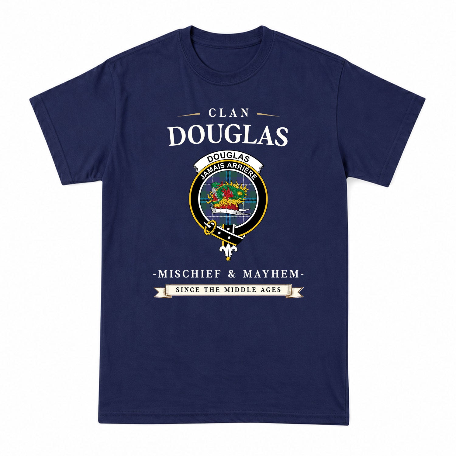 Douglas Modern Tartan Crest Mischief and Mayhem T-shirt