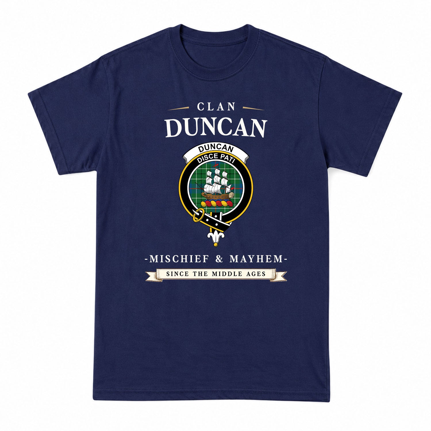 Duncan Ancient Tartan Crest Mischief and Mayhem T-shirt