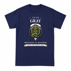 Gray Hunting Tartan Crest Mischief and Mayhem T-shirt