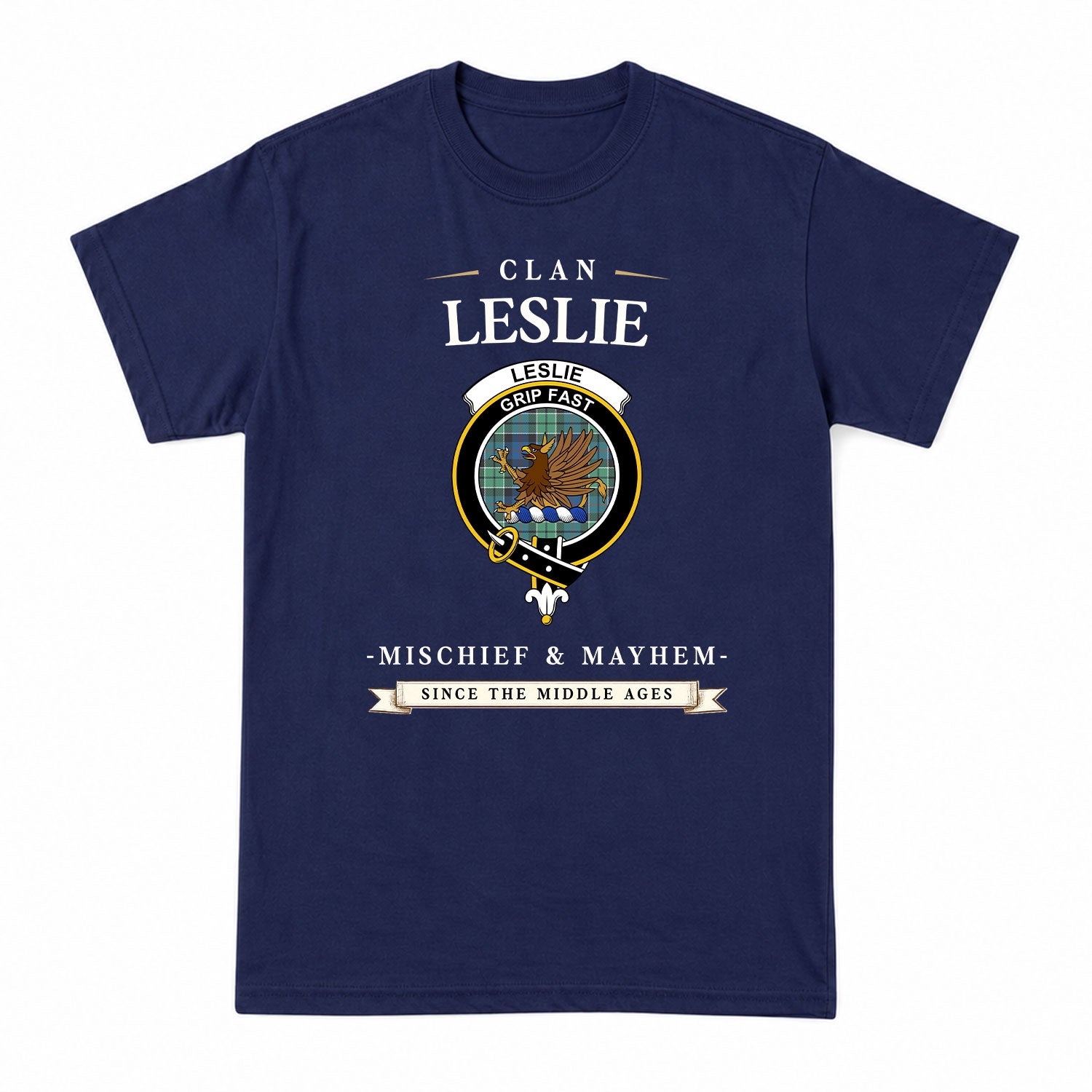 Leslie Hunting Ancient Tartan Crest Mischief and Mayhem T-shirt