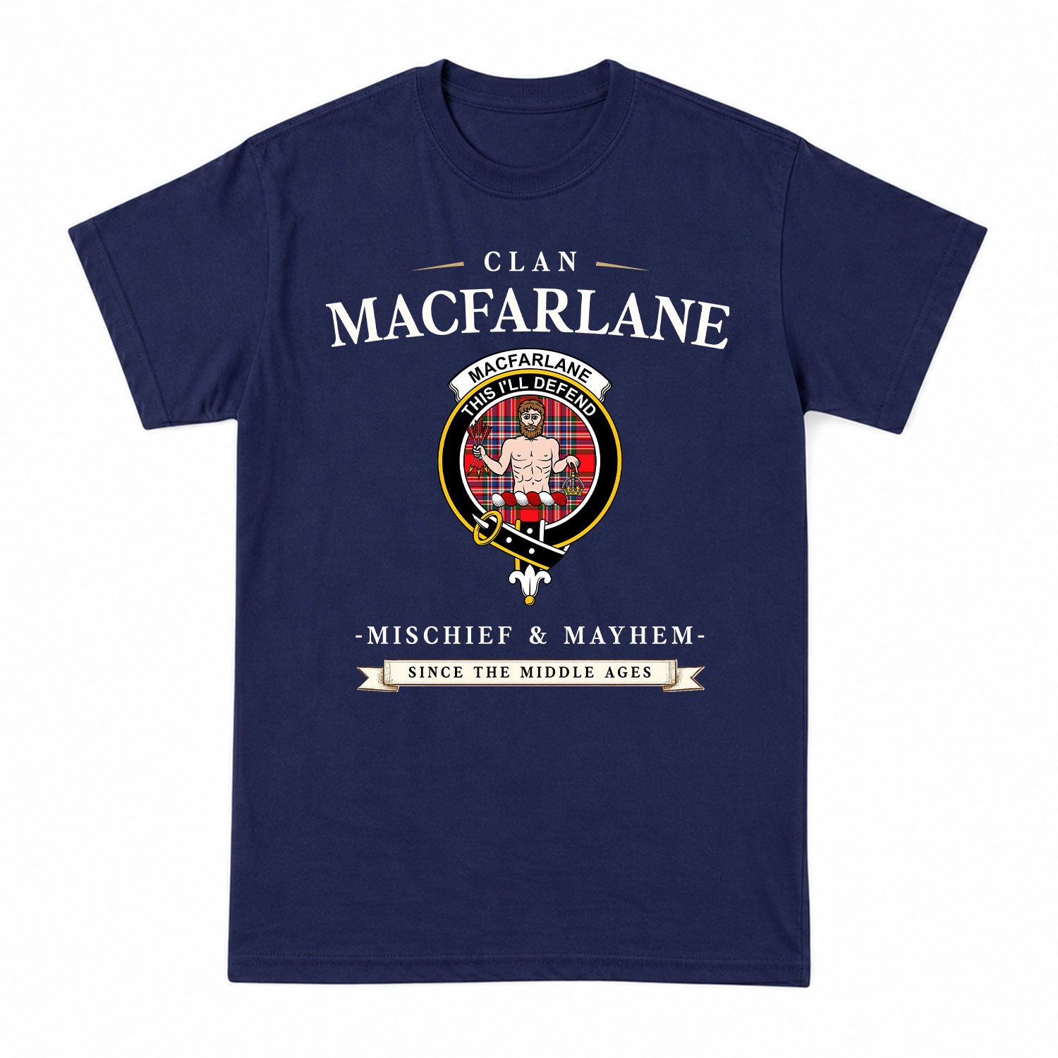 MacFarlane Modern Tartan Crest Mischief and Mayhem T-shirt