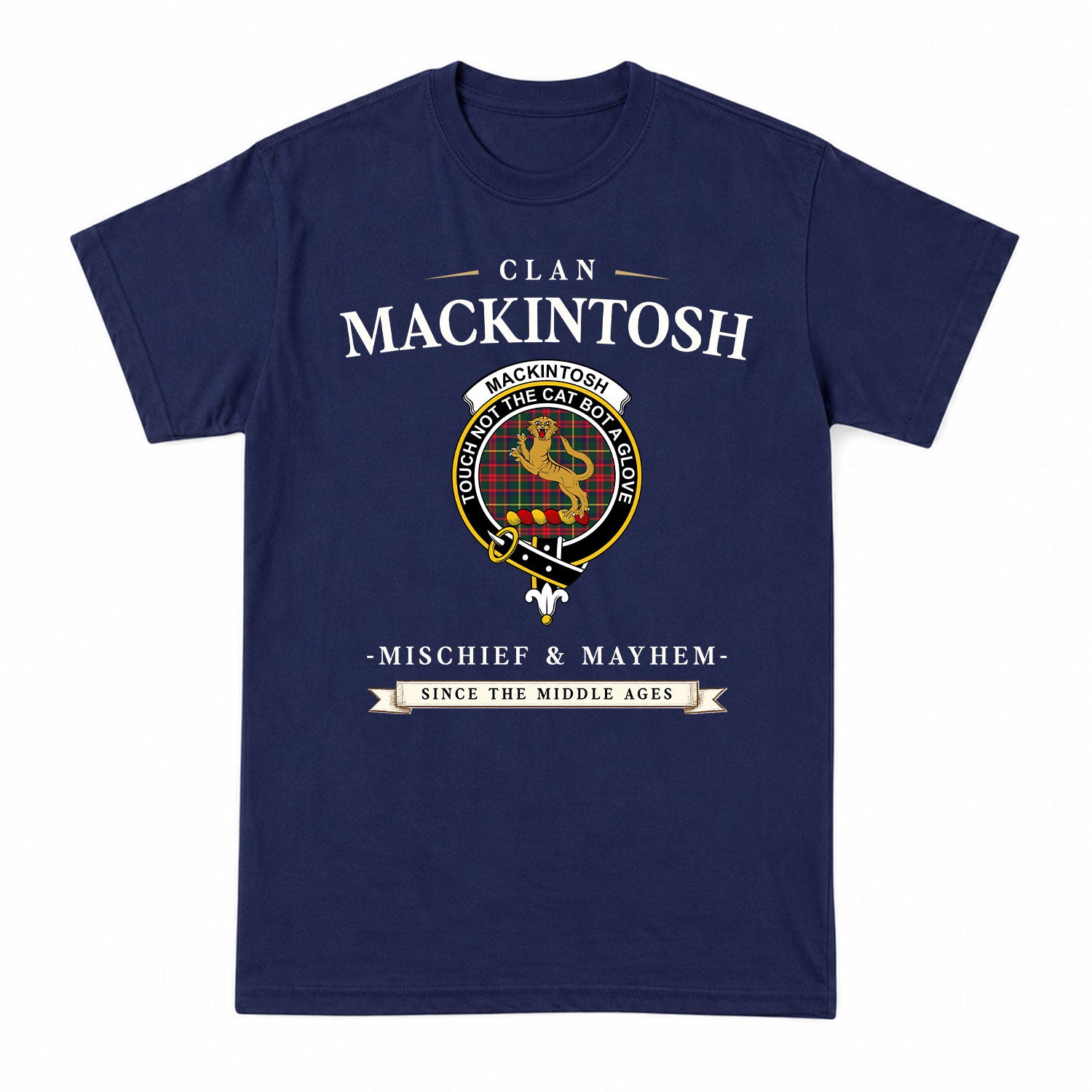 MacKintosh Hunting Modern Tartan Crest Mischief and Mayhem T-shirt