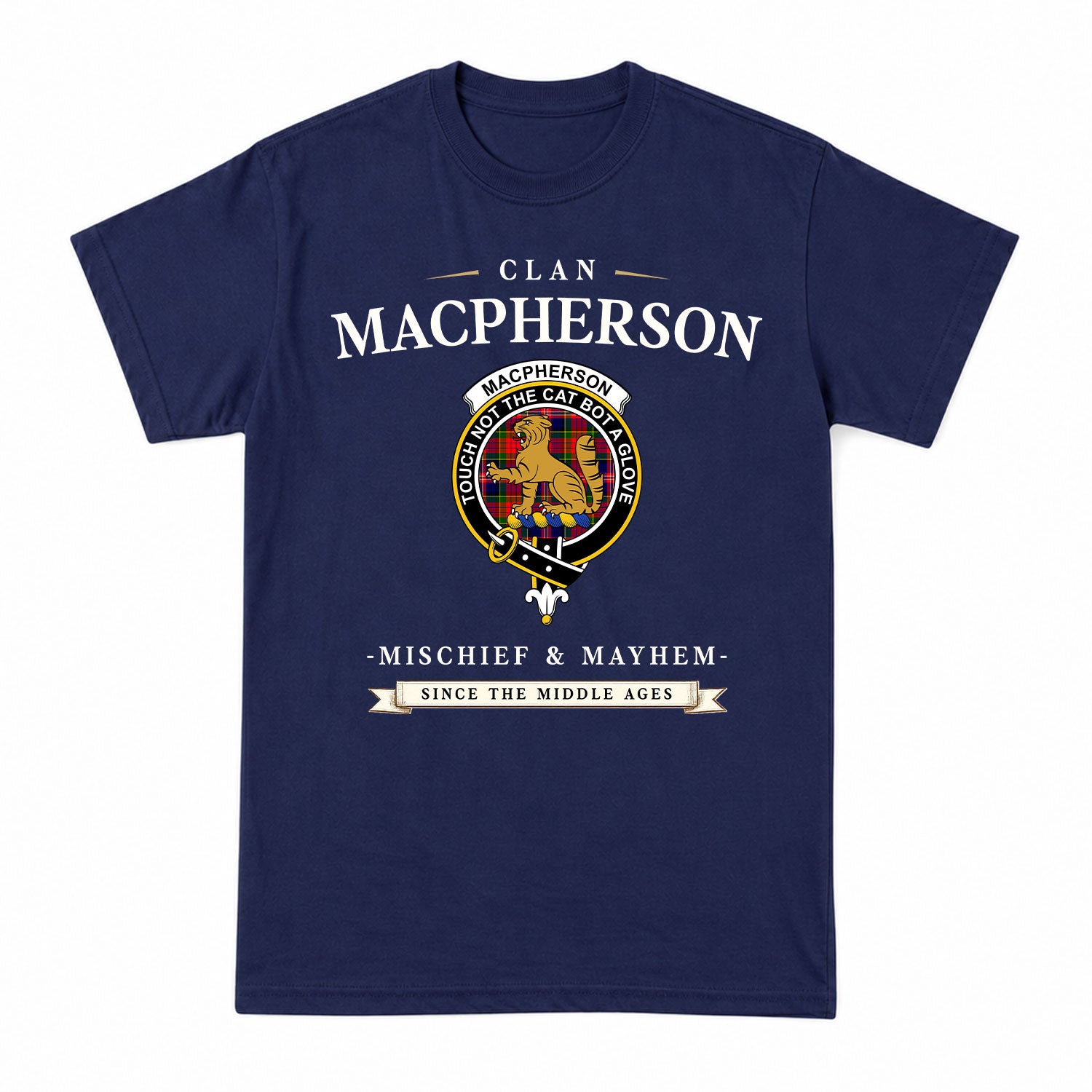 MacPherson Modern Tartan Crest Mischief and Mayhem T-shirt