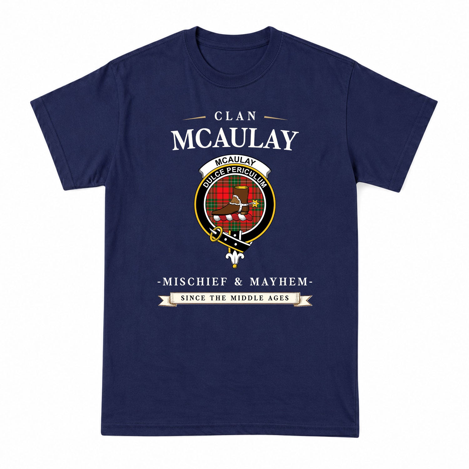 McAulay Modern Tartan Crest Mischief and Mayhem T-shirt