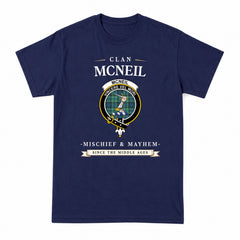 McNeil of Colonsay Ancient Tartan Crest Mischief and Mayhem T-shirt