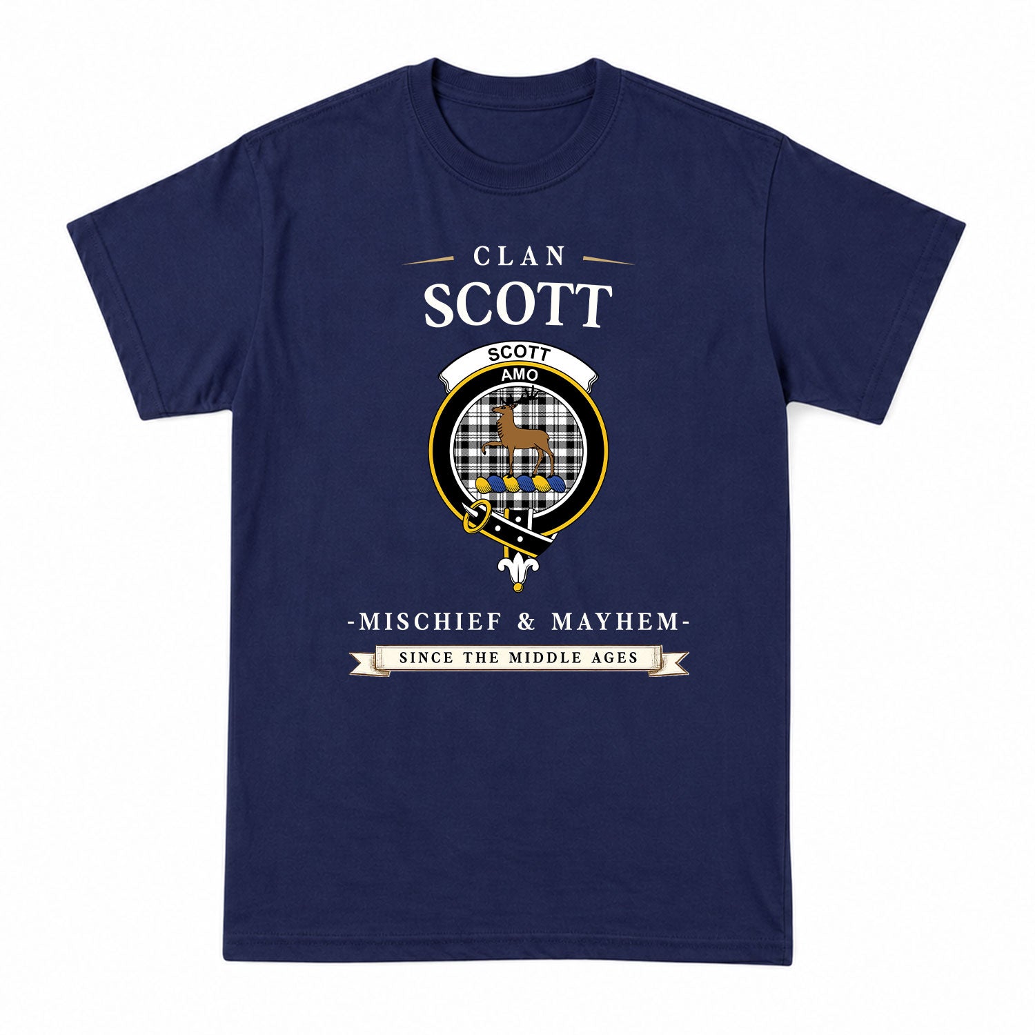 Scott Black & White Modern Tartan Crest Mischief and Mayhem T-shirt
