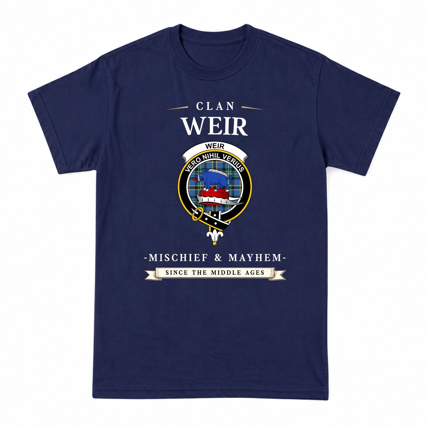 Weir Ancient Tartan Crest Mischief and Mayhem T-shirt