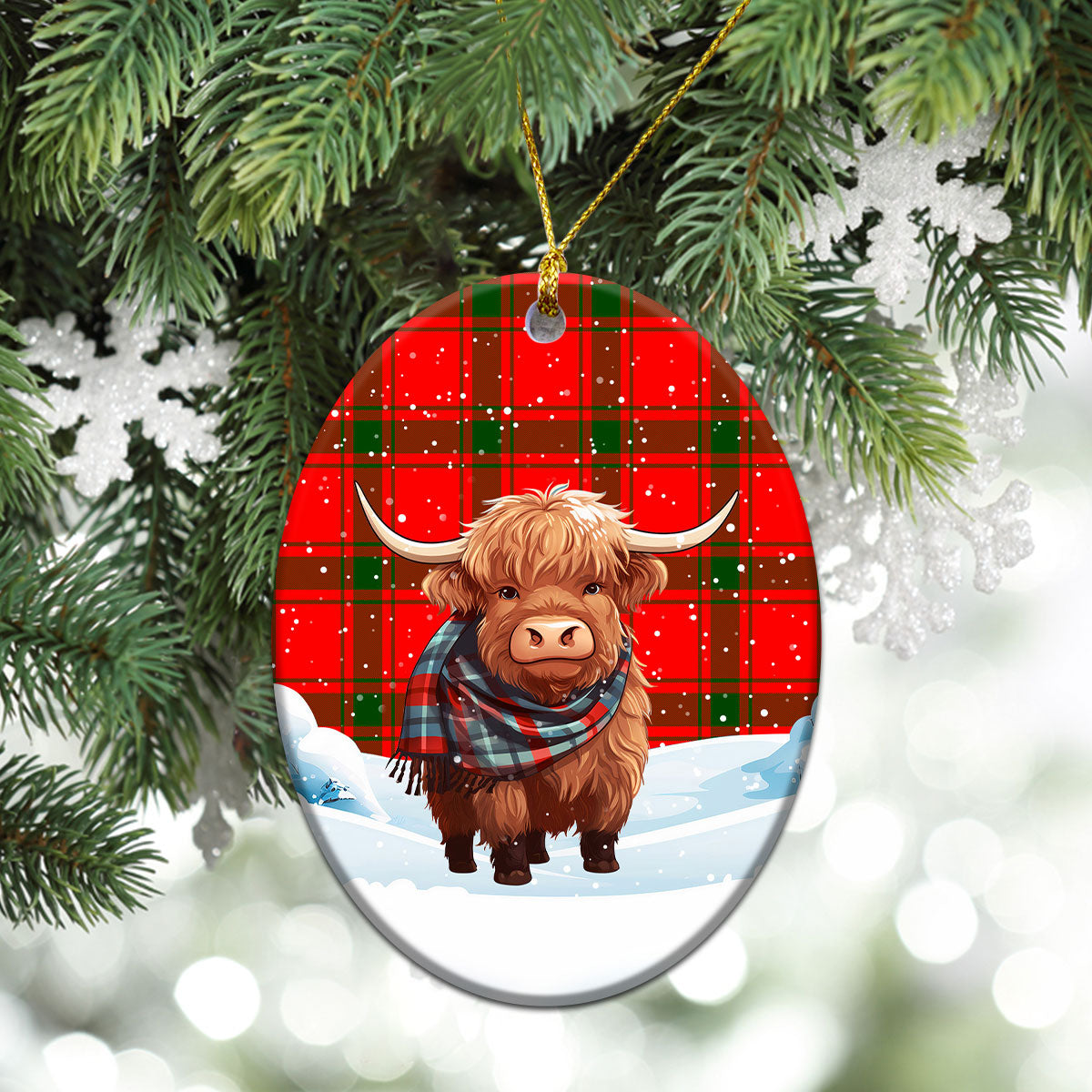 Darroch (Gourock) Tartan Christmas Ceramic Ornament - Highland Cows Snow Style