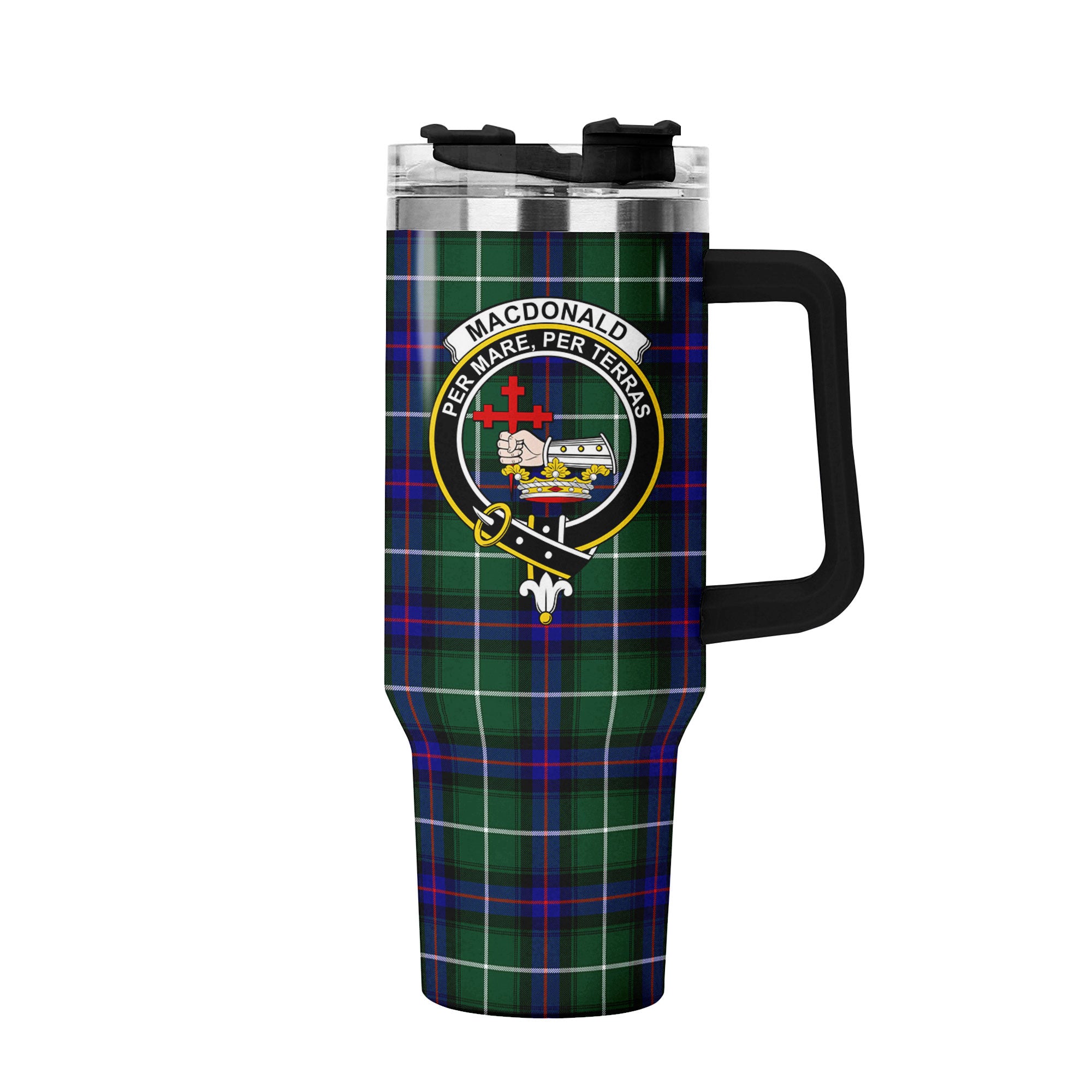 MacDonald of the Isles Hunting Modern Tartan Crest 40 oz Insulated Tumbler with Handle