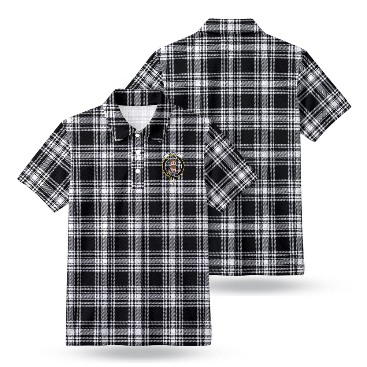 Menzies Black - White Modern Tartan Crest Birdseye Mesh Polo Shirt