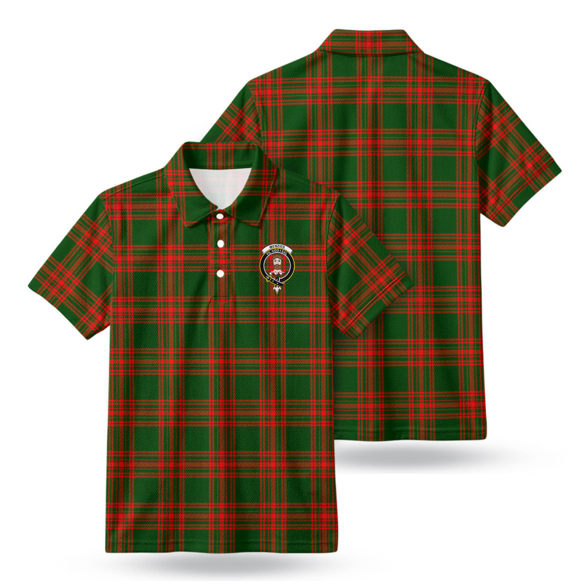 Menzies Green Modern Tartan Crest Birdseye Mesh Polo Shirt