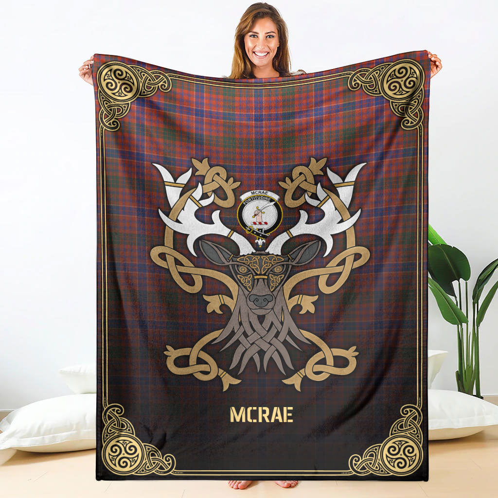 McRae Ancient Tartan Crest Premium Blanket - Celtic Stag style