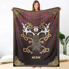 McRae Ancient Tartan Crest Premium Blanket - Celtic Stag style