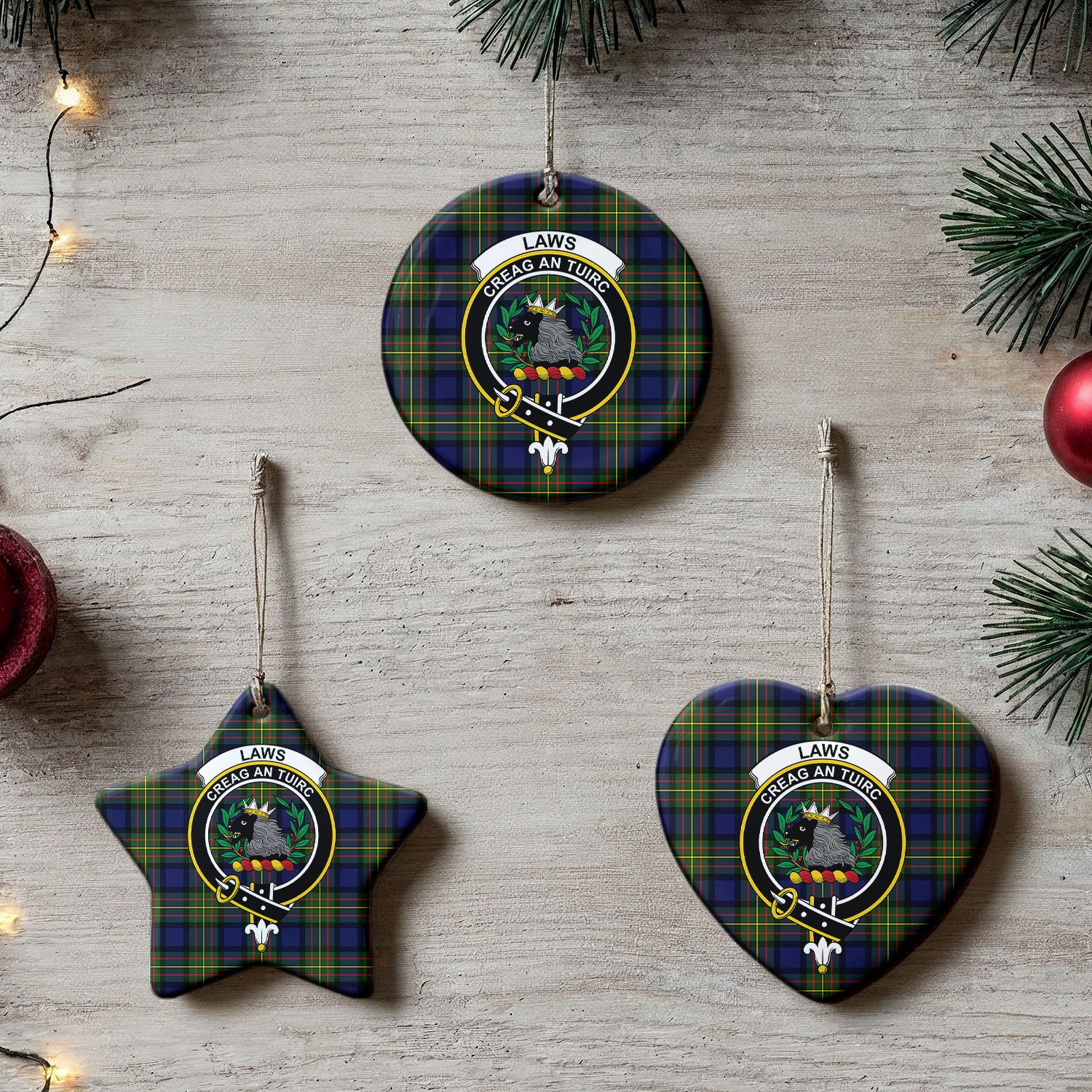 Laws Tartan Crest Christmas Ceramic Ornament