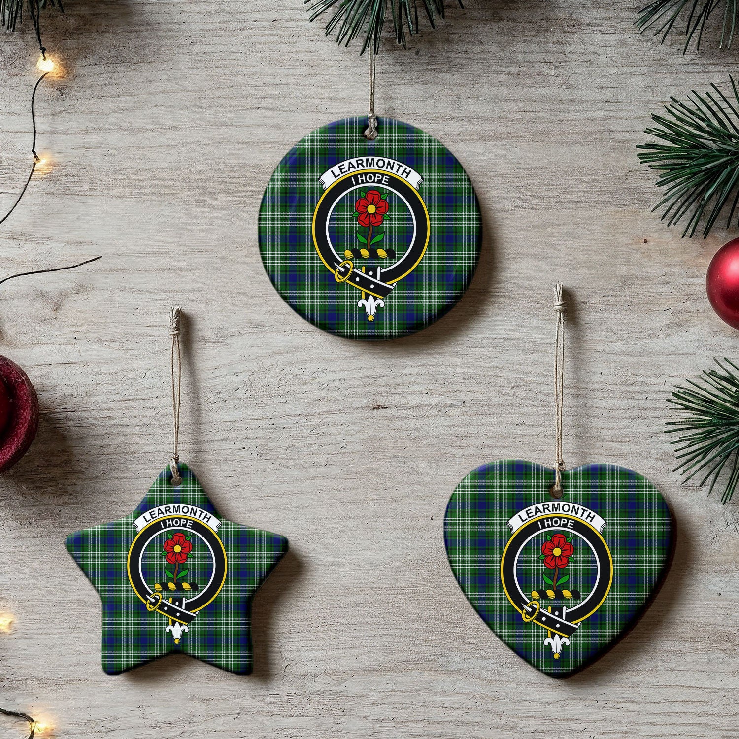 Learmonth Tartan Crest Christmas Ceramic Ornament